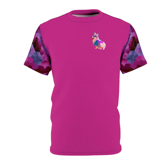 Party Pup Artistic Corgi Fuchsia Bold Fashion Tee with Colorful Geometric Sleeves — Cute Corgi Illustration