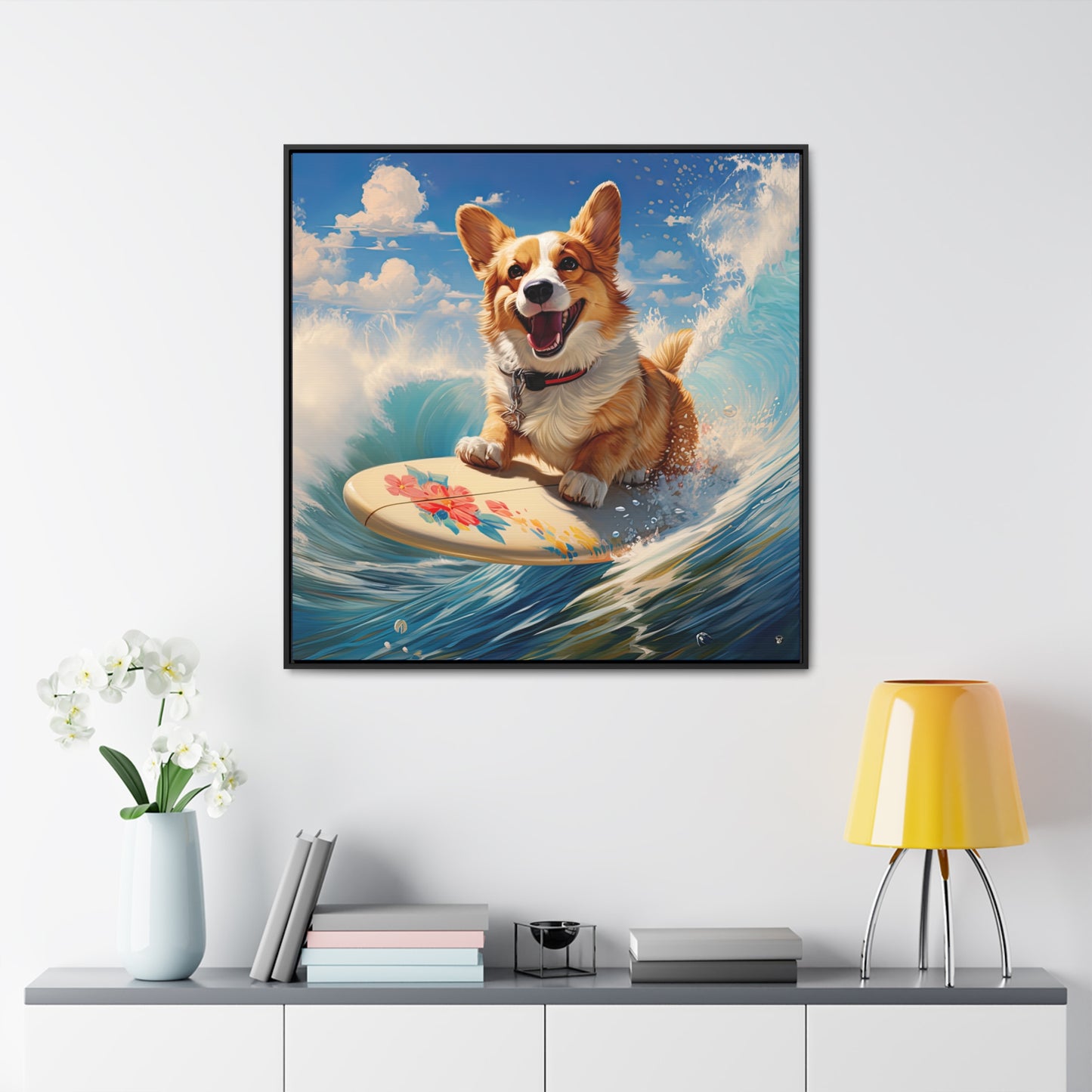 Cowabunga Corgi - Framed on Canvas