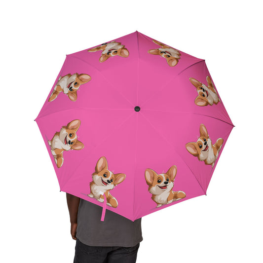 Cute Corgi Puppy Animation Foldable Umbrella — Pink Corgi Travel Parasol