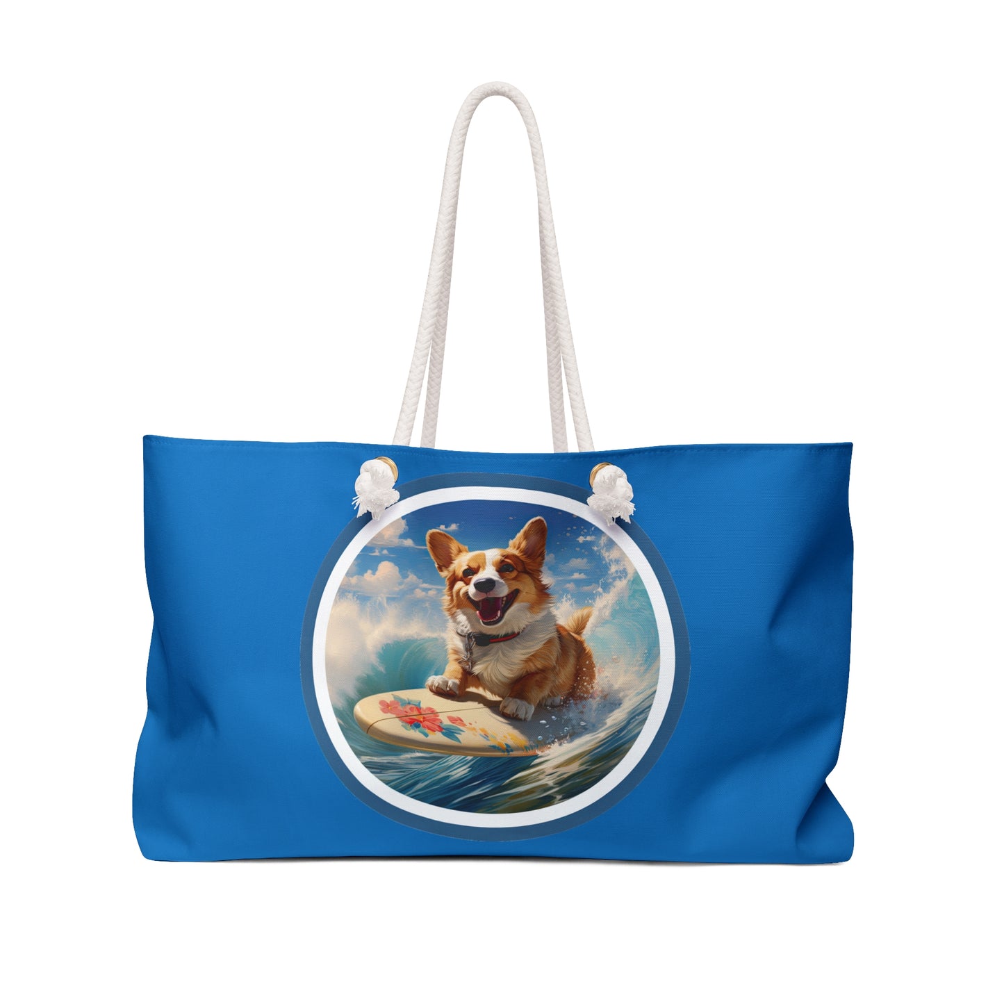 Cowabunga Surfing Corgi Weekender Beach Bag – Blue Beach Themed Corgi Travel Tote