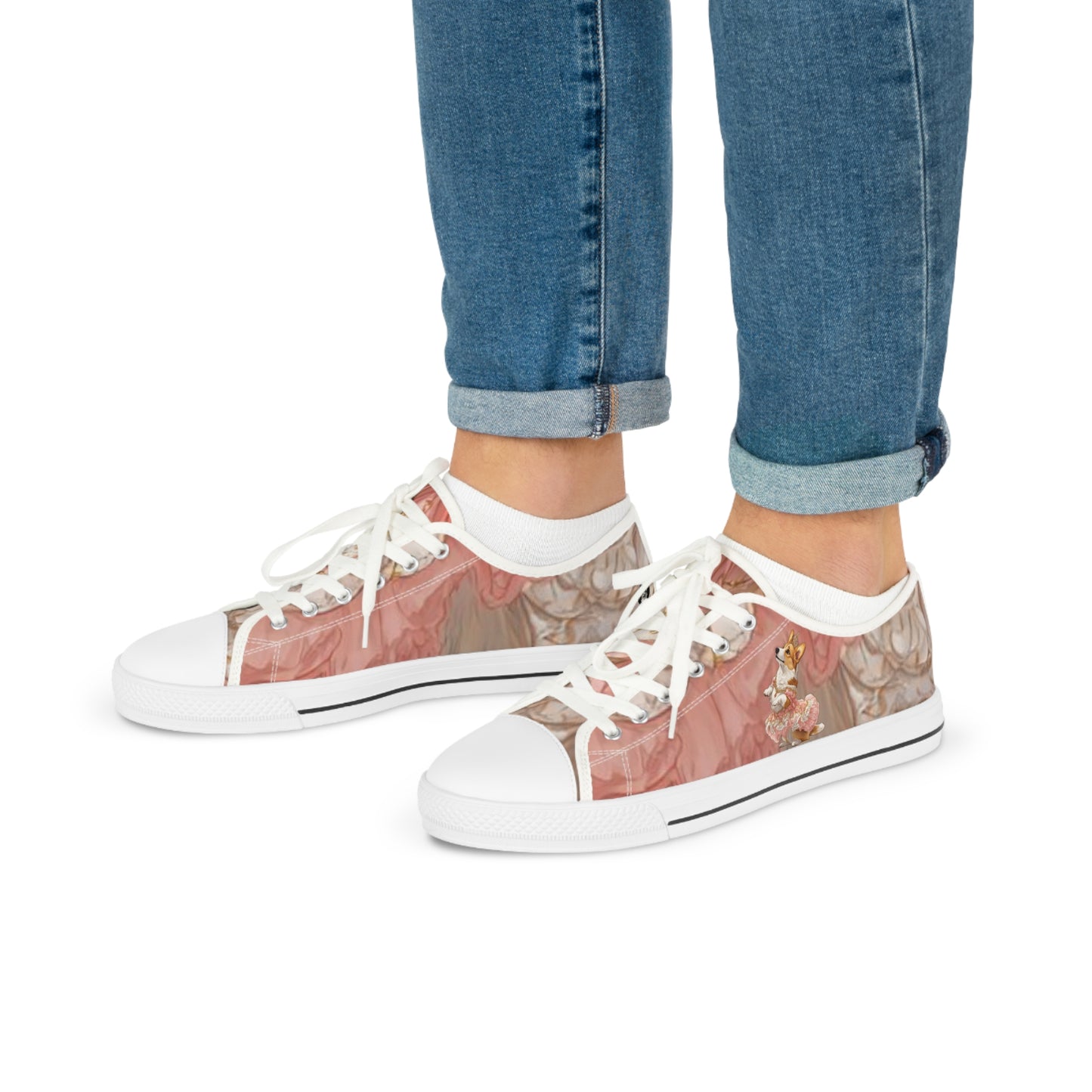 Princess Corgi Pink Rose Floral Men's Low-Top Casual Canvas Sneakers