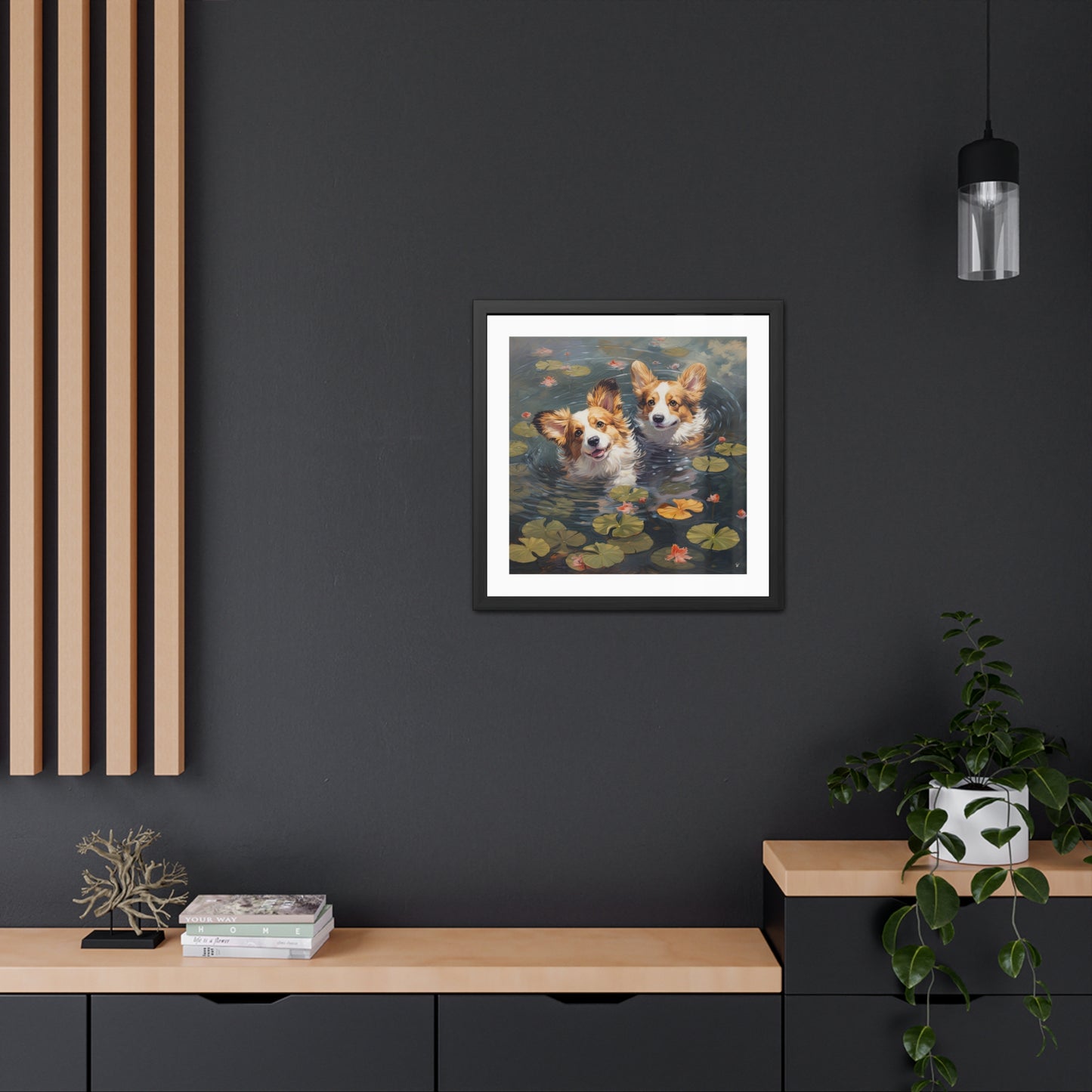 Estampe encadrée de chiots de l'étang
