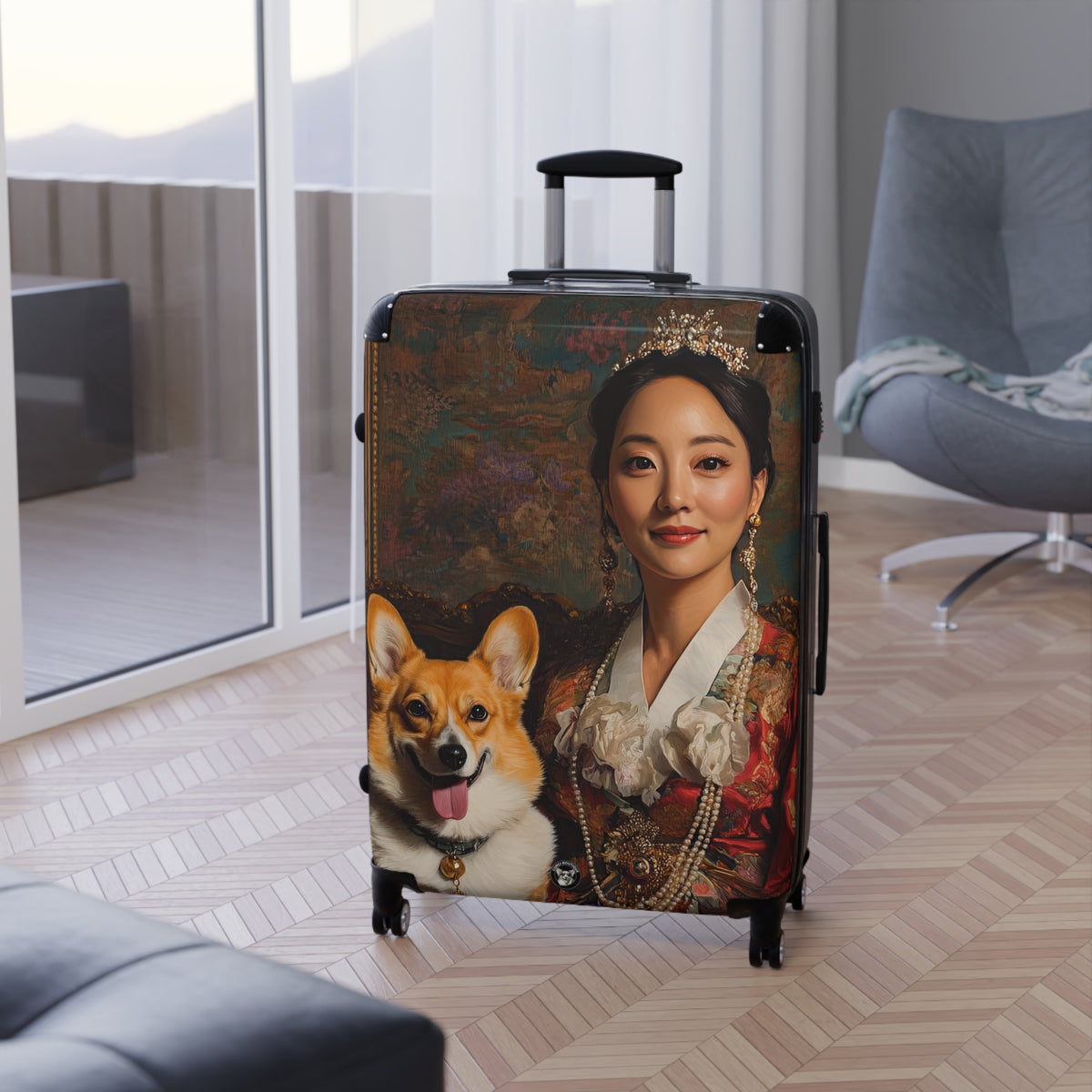 Queen Of The Corgis Custom Portrait Travel Suitcases – Regal Corgi Rolling Luggage