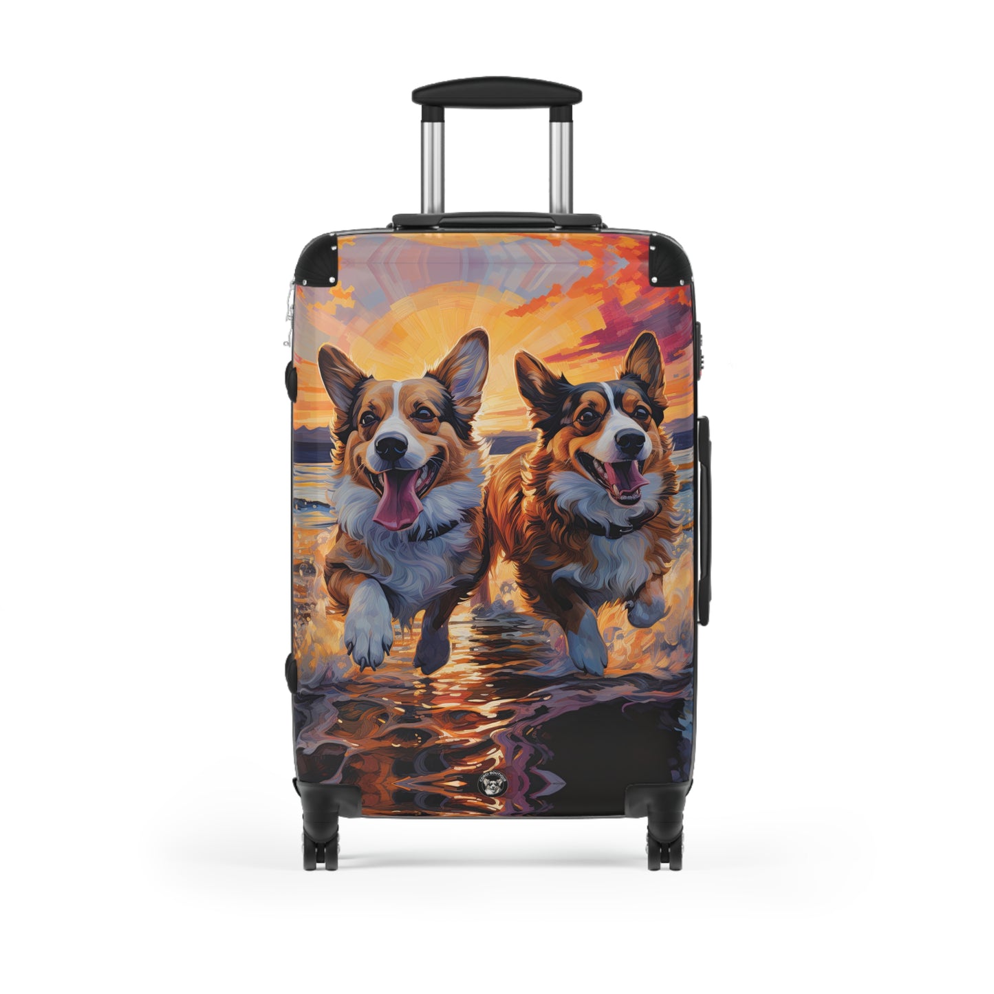 Beach Buds Corgi Sunset Suitcases — Corgis Running in the Waves Luggage