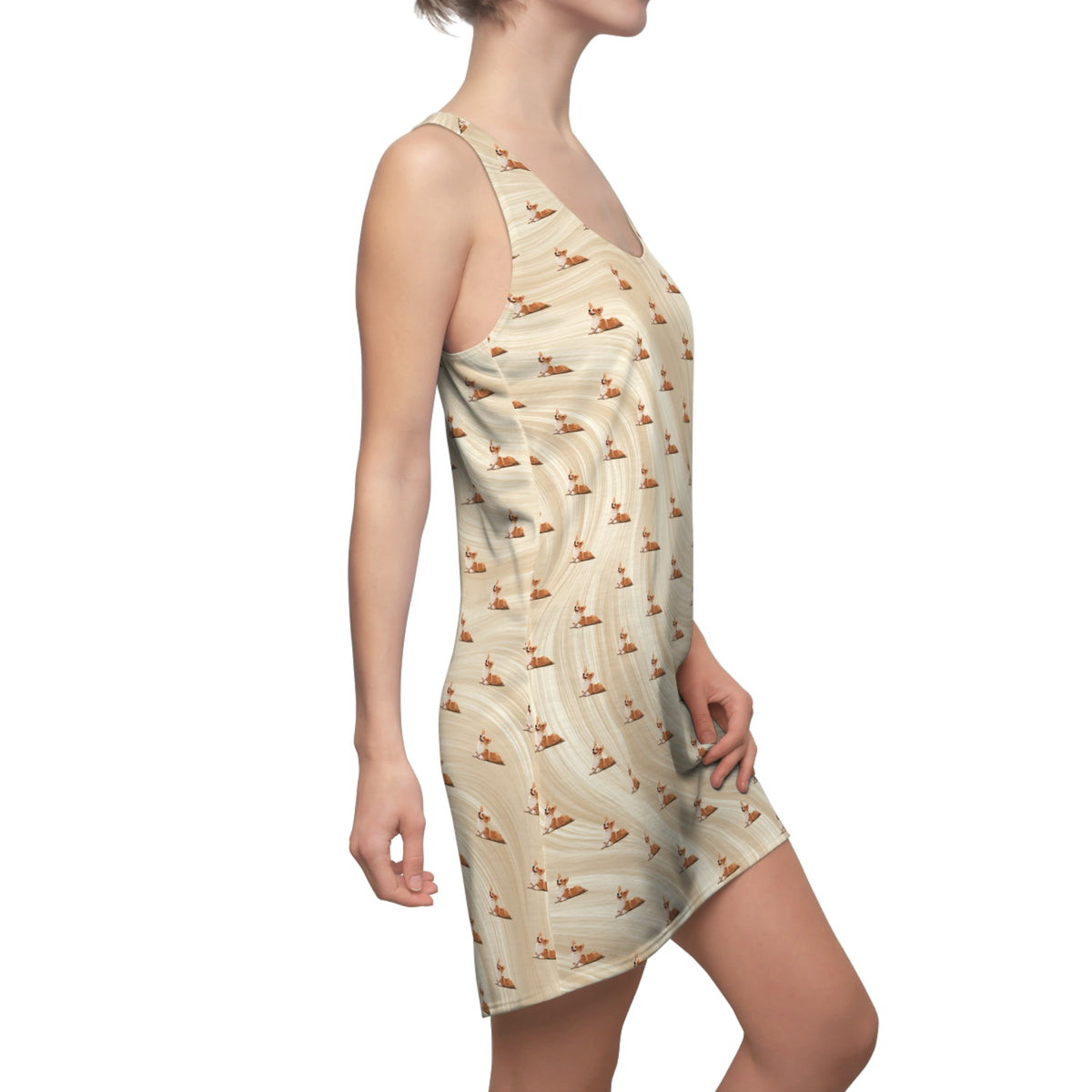 Giddy Sploot Repeater Pattern Racerback Sundress - Creamy Champagne Swirl Corgi Casual Dress