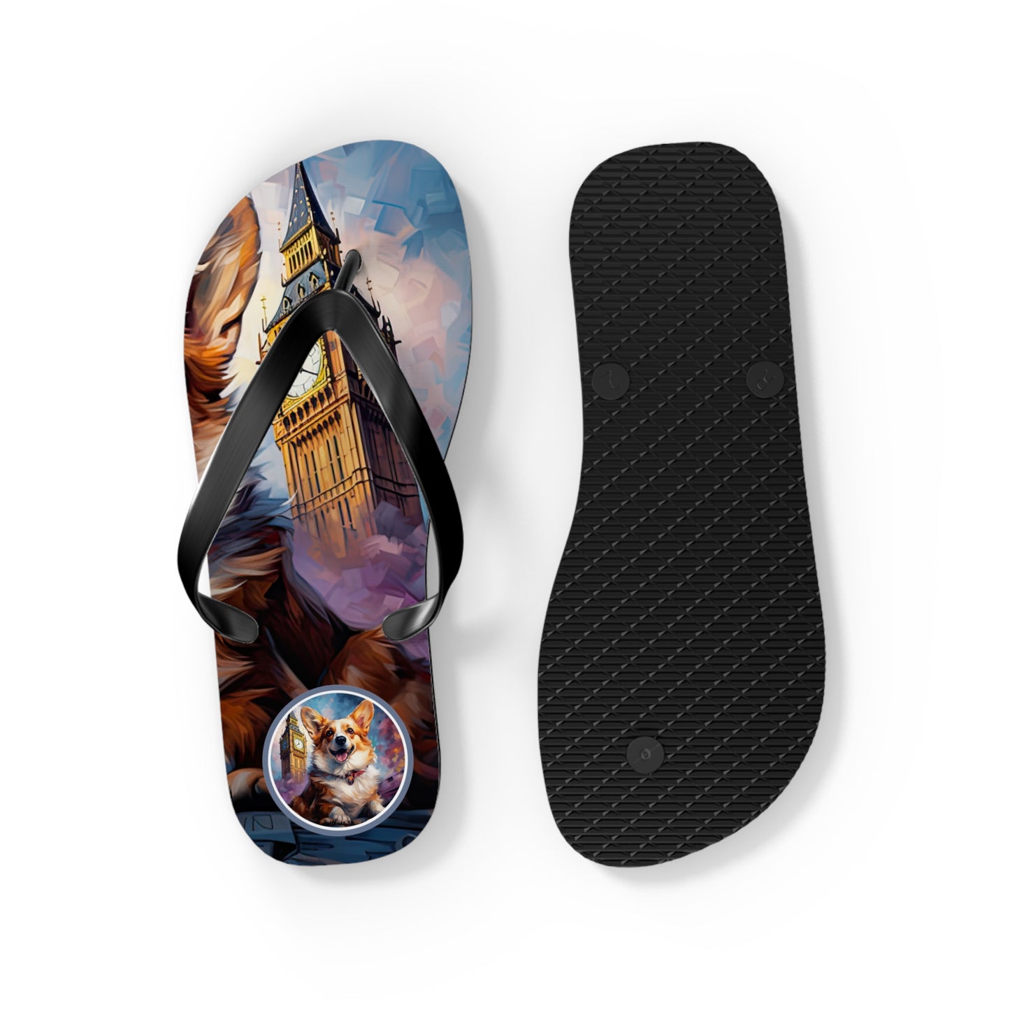 Corgi & Big Ben Artistic Unisex Flip Flops — London Themed Corgi Sandals