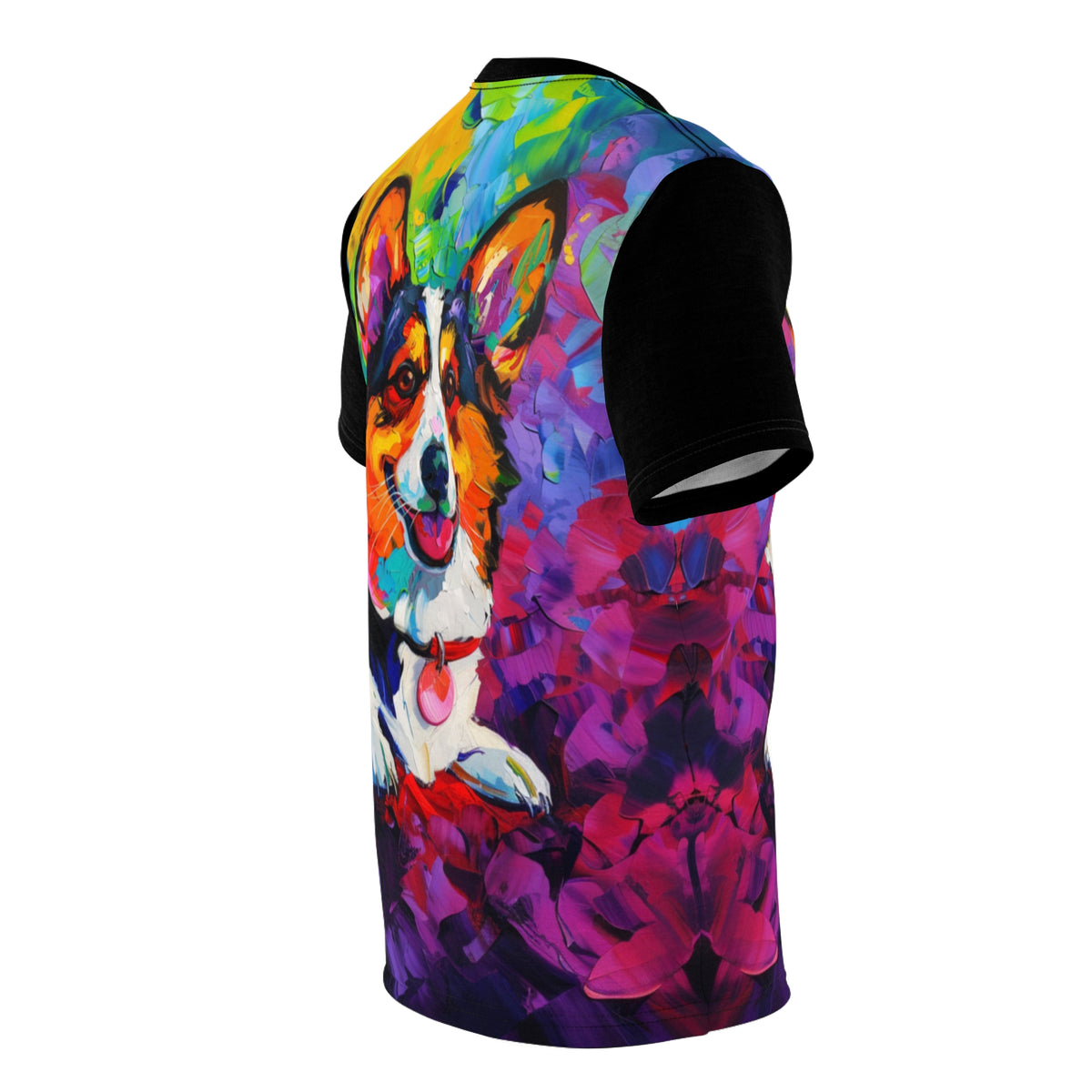Color Me Corgi Unisex Bold Designer Tee - Capturing the Colorful Corgi Charisma with Phantom Black Sleeves