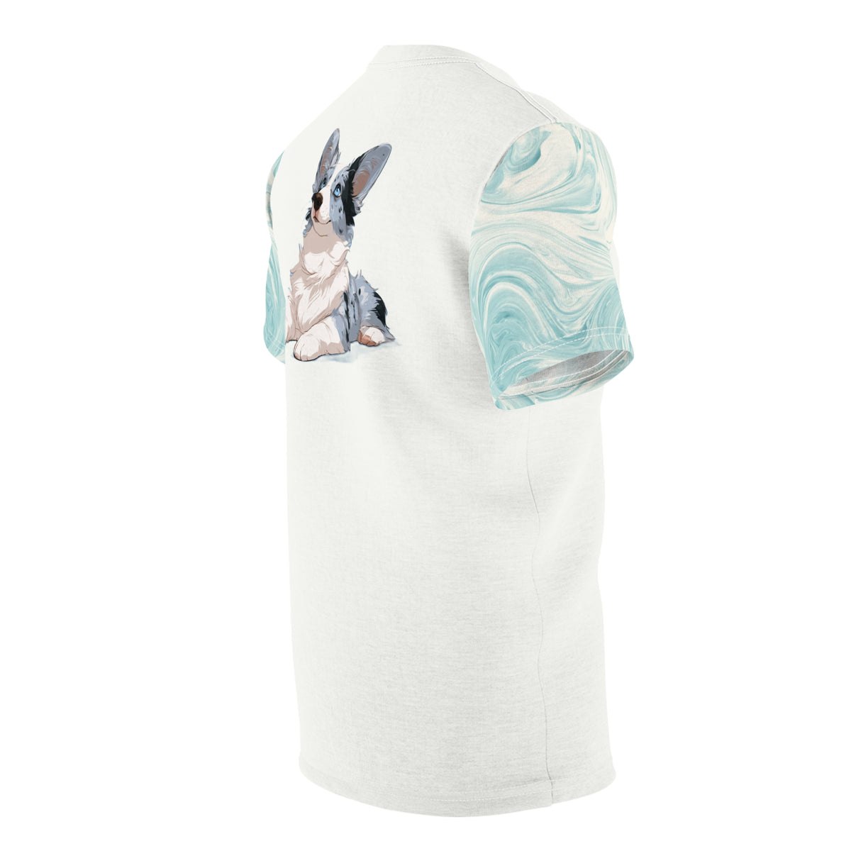 Blue Merle Majesty Unisex Bold Fashion Tee - Alabaster Cream Corgi Shirt with Swirling Aqua Sleeves