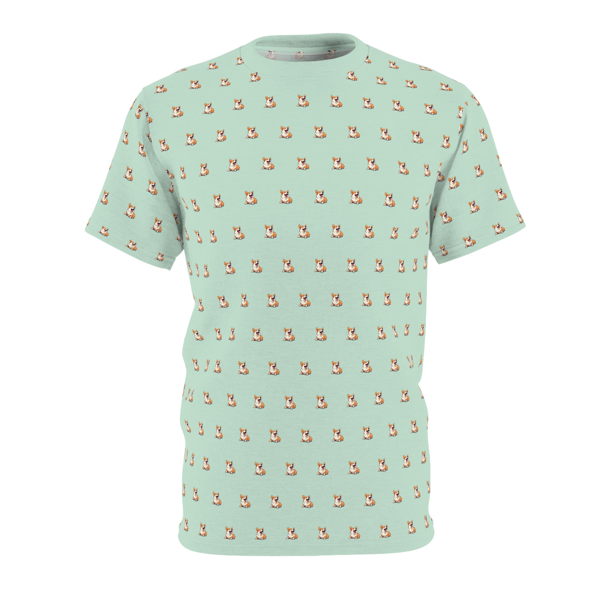 Sit Down Comedian Unisex Bold Designer Tee — Comical Corgi Repeater on Seafoam Sorbet
