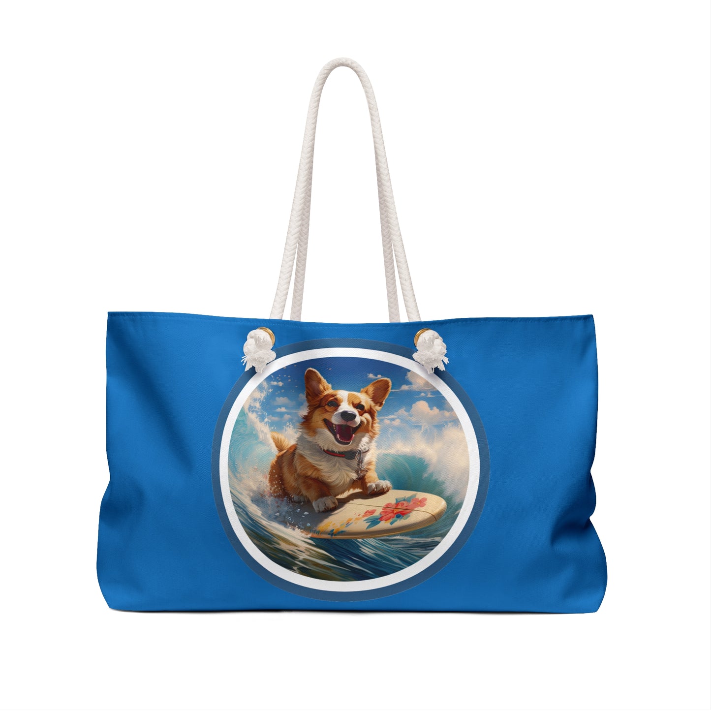 Cowabunga Surfing Corgi Weekender Beach Bag – Blue Beach Themed Corgi Travel Tote