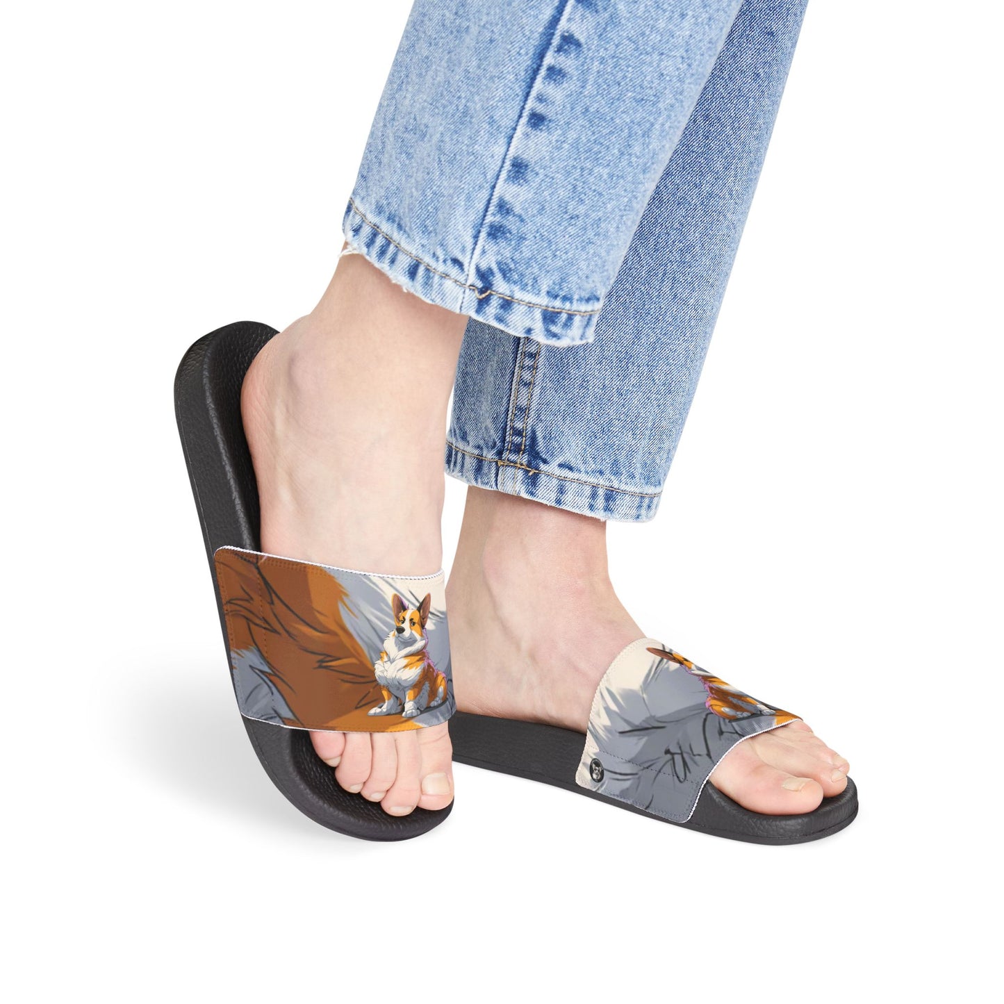 Boss Dog Corgi Artistic Portrait Women's Casual Slide Sandals - Pool & Beach Slides