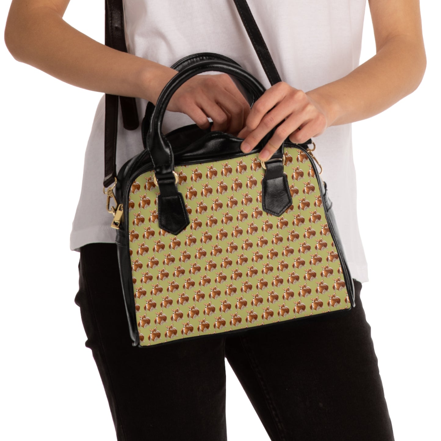 Butt What? Talk To The Butt Contemptuous Corgi Mosaic Pattern Khaki Shoulder Handbag