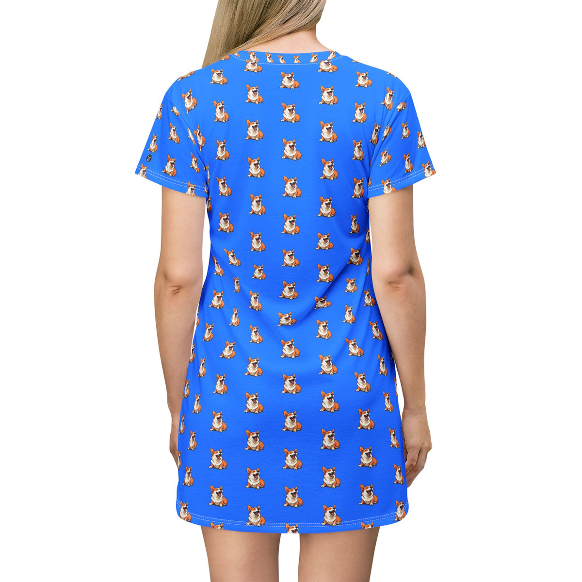 Comical Corgi All Smiles Repeater Pattern Blue T-Dress