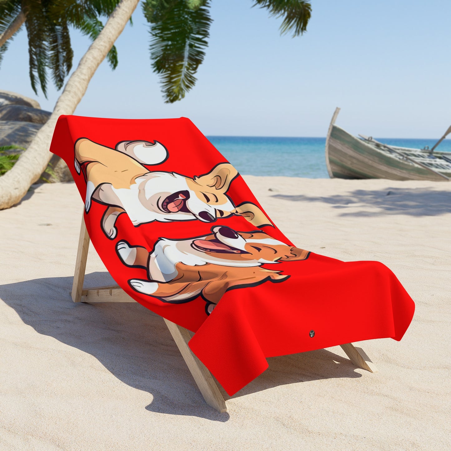 Best Mates Smiling Corgi Pals Red Beach Towel — Exclusive Laughing Corgis Illustration