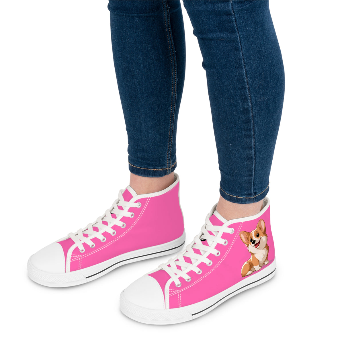 Cute Corgi Puppy Animation Hot Pink Women's High Top Casual Canvas Sneakers
