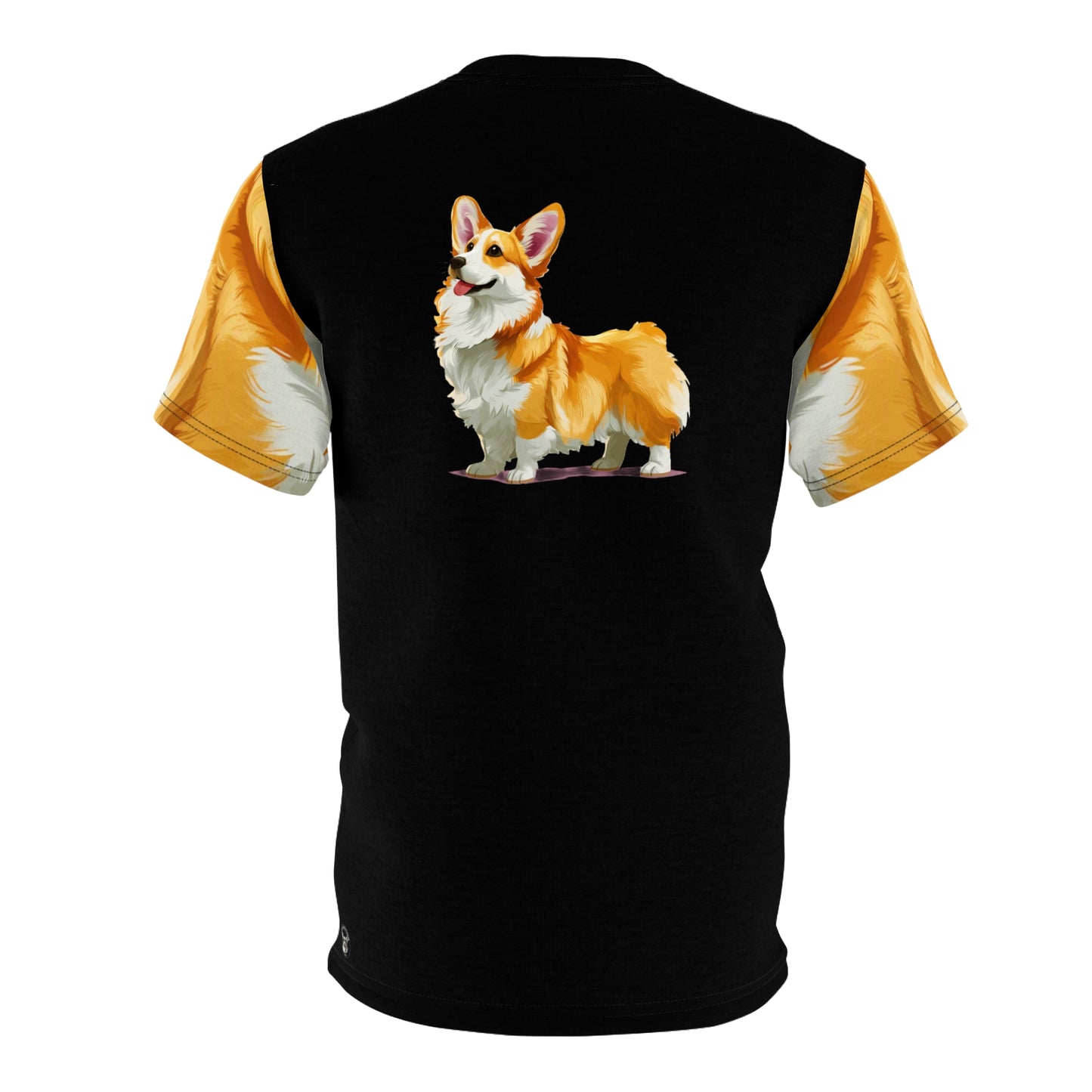 Classic Corgi Artistic Painting Unisex Bold Fashion Black Tee with Wavy Golden Sleeves