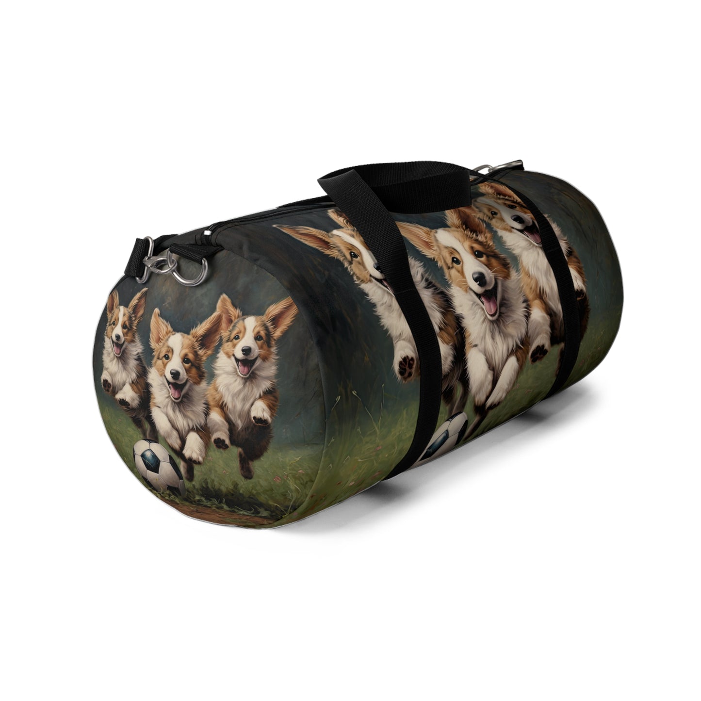 Corgi Puppies Pouncing on the Pitch Duffel Bag - Soccer Theme Corgi Travel Gym Bag