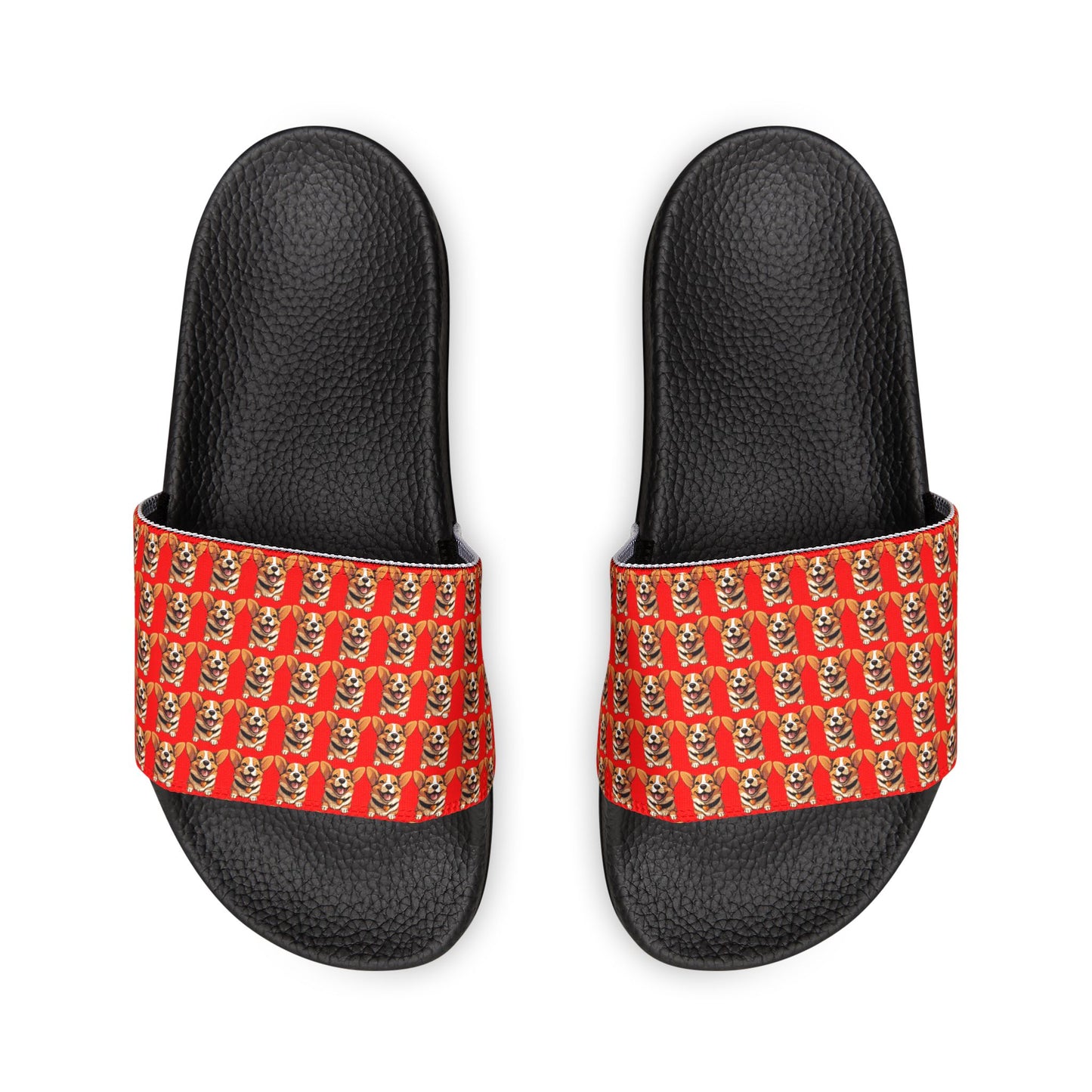 Puppy Love Smiling Corgi Mosaic Men's Red & Black Slide Sandals - Casual Pool & Beach Slides