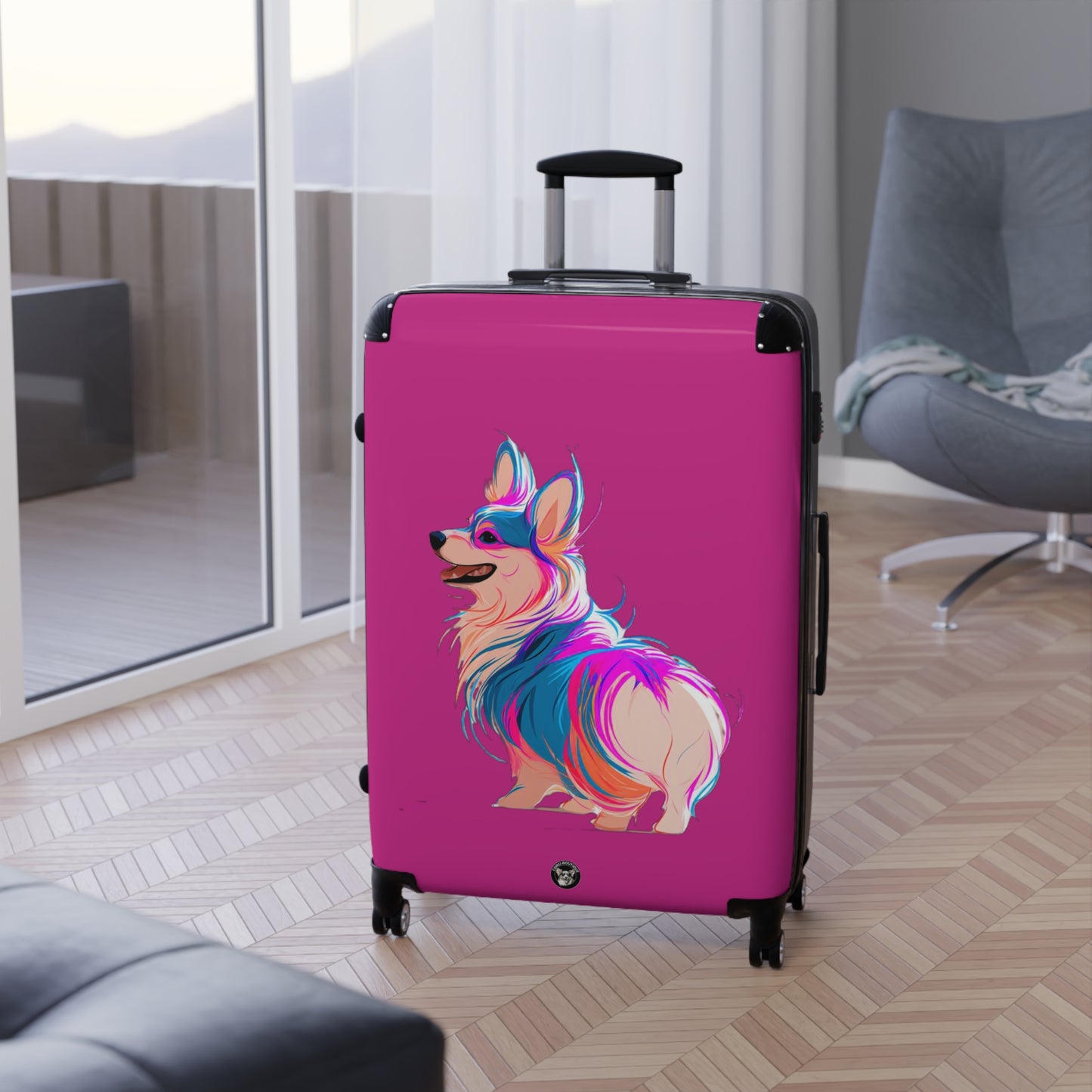Party Punk Rock Pup Colorful Corgi Suitcases — Vibrant Fuchsia Rolling Luggage