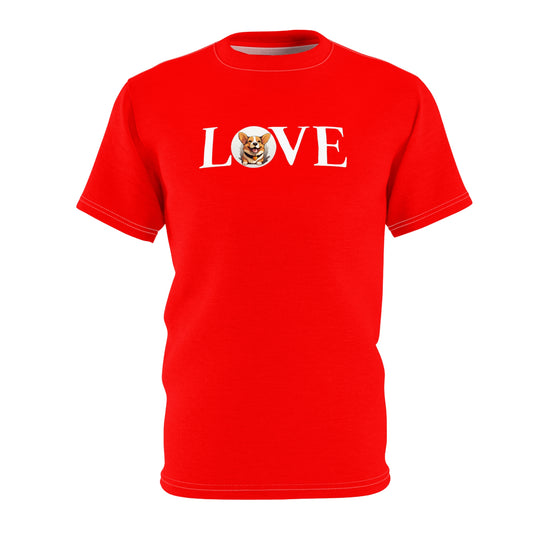 Love-Love-Love Unisex Bold Designer Tee - Corgi Sentiment on Rad-Red