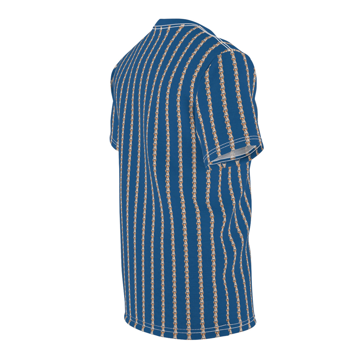 Ethereal Gaze Pinstripes Unisex Bold Designer Tee - Tiny Cute Corgi Face Motif Beyond Belief on Daytona Dusk