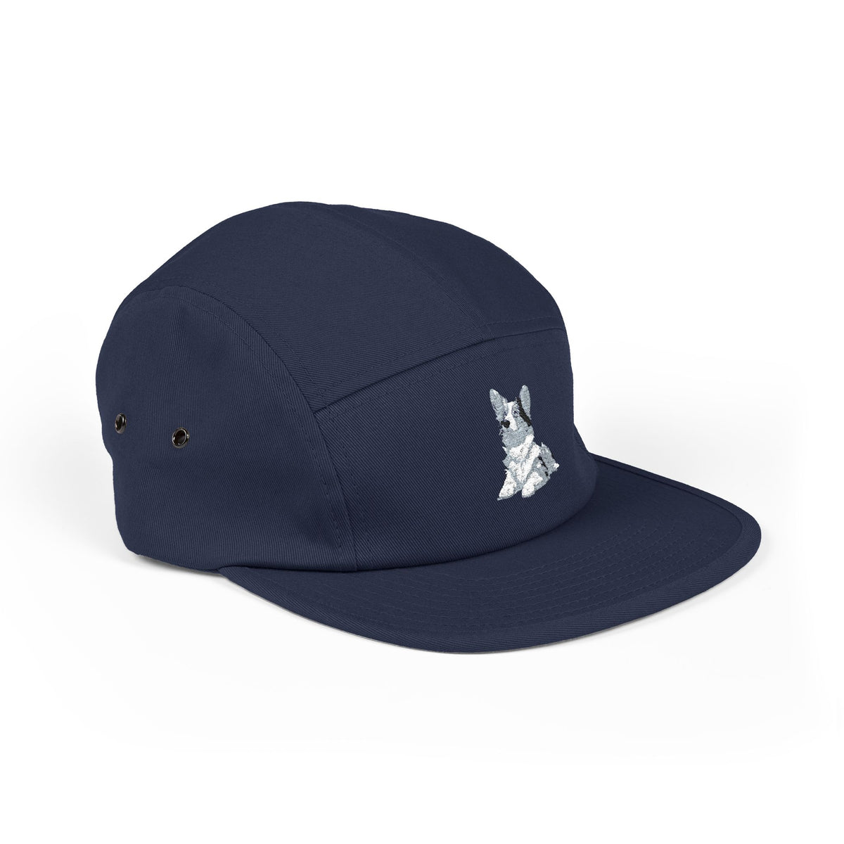 Blue Merle Majesty 5-Panel Embroidered Camp Cap — Designer Corgi Headwear in Monarch Navy or Phantom Black
