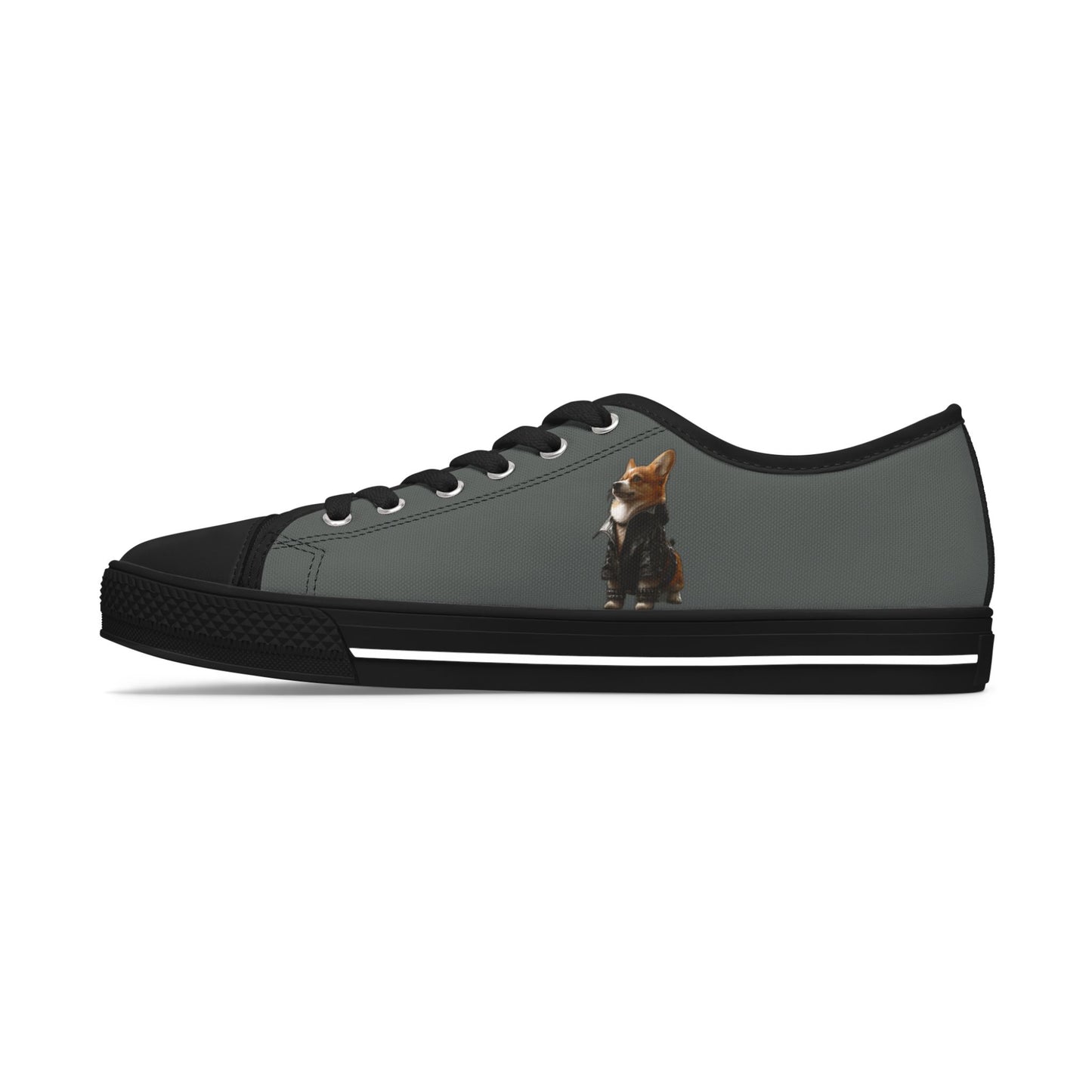 Leader of the Pack Women's Low Top Casual Charcoal Sneakers with a Leather-Clad Corgi