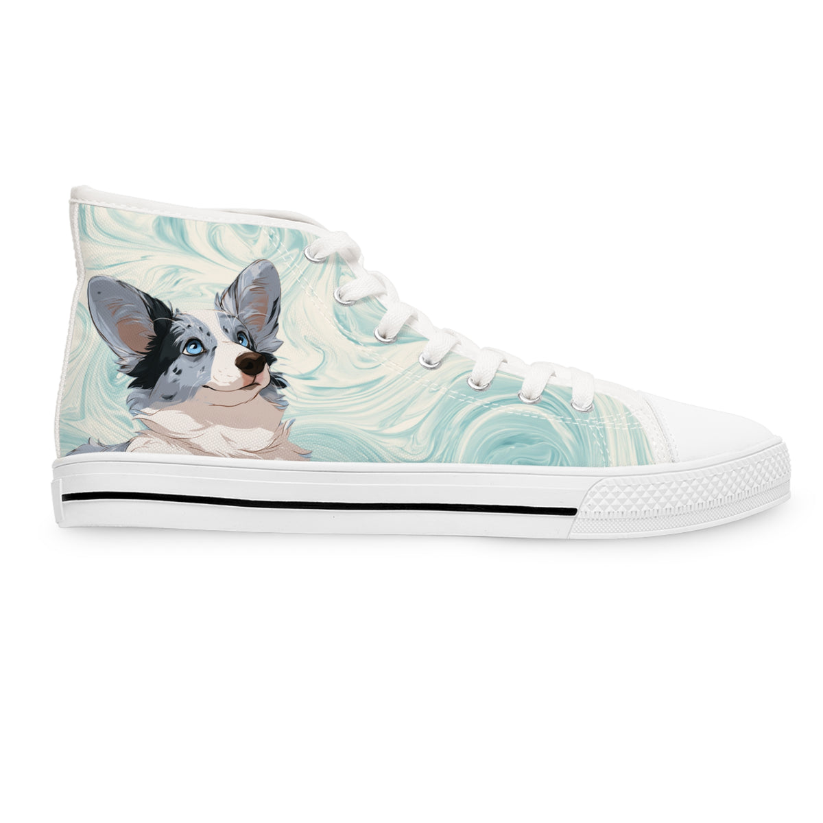 Blue Merle Majesty Women's High-Top Sneakers - Cool Blue Corgi on Swirling Aqua & Alabaster Cream Canvas