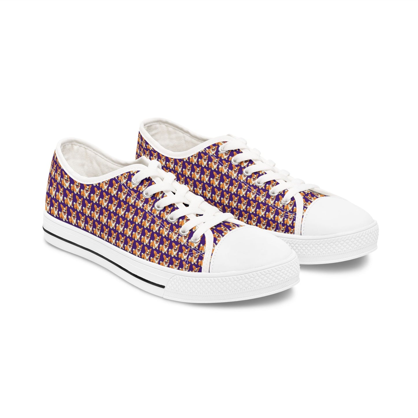 Jolly Jiggling Corgi Purple Houndstooth Pattern Style Women's Low Top Canvas Sneakers