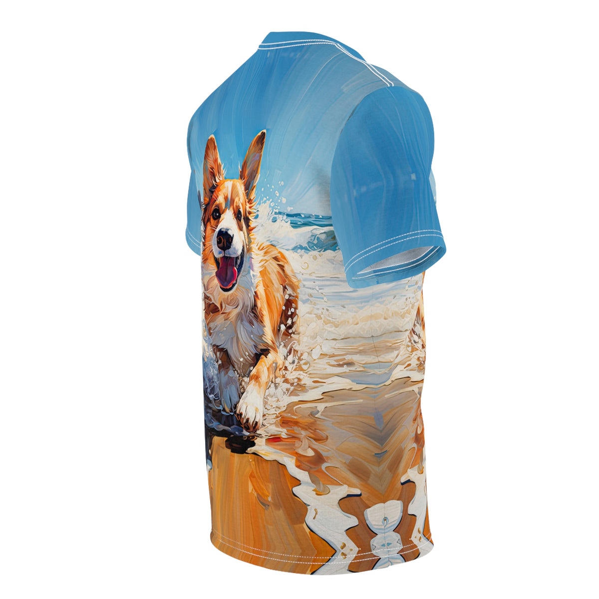 Coastal Corgi Unisex Bold Fashion Tee - Splish-Splash-Sploot! Corgi Beach Day with a Maliblue Hue