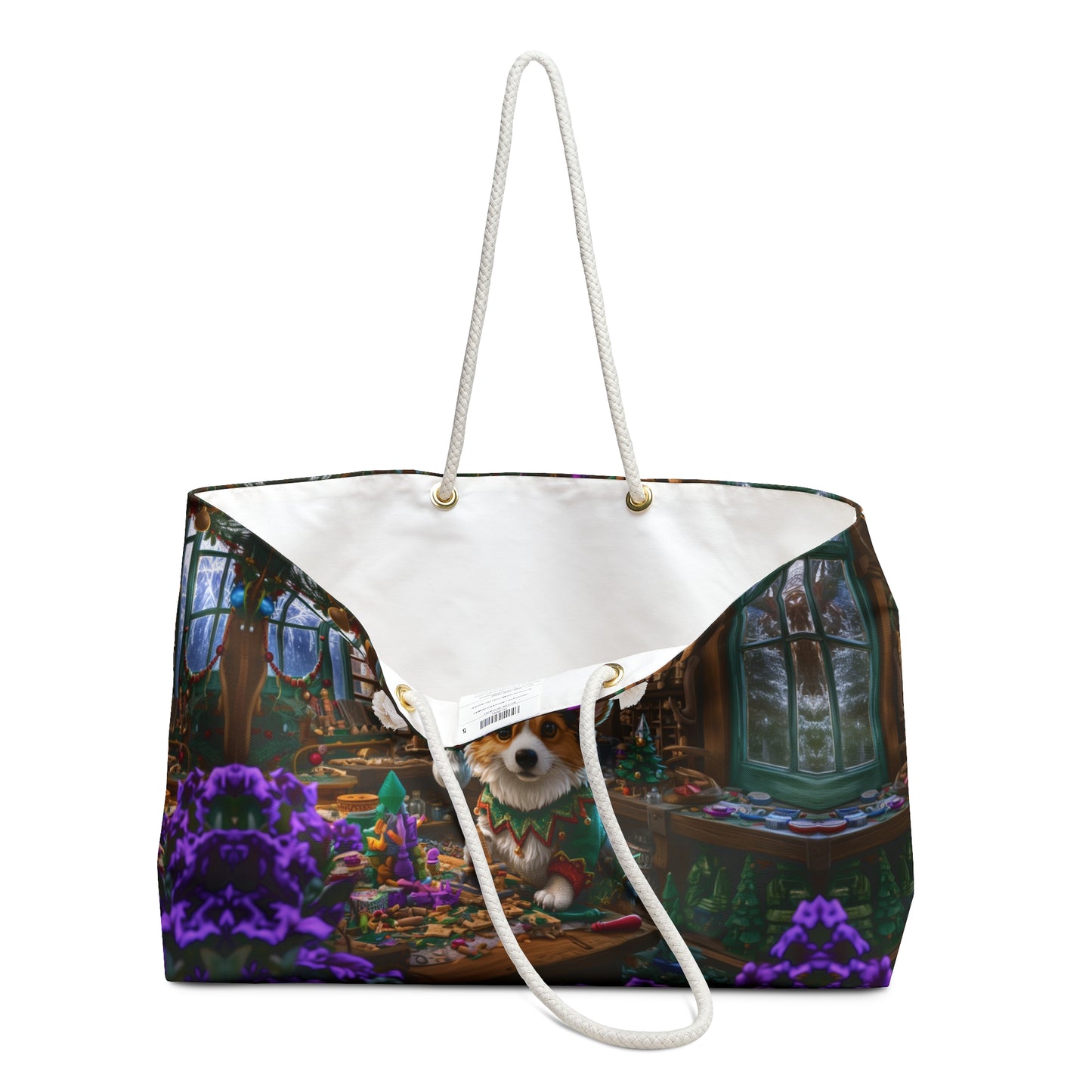 Santa's Little Helper Weekender Beach Bag – Christmas Themed Corgi Elf Travel Tote