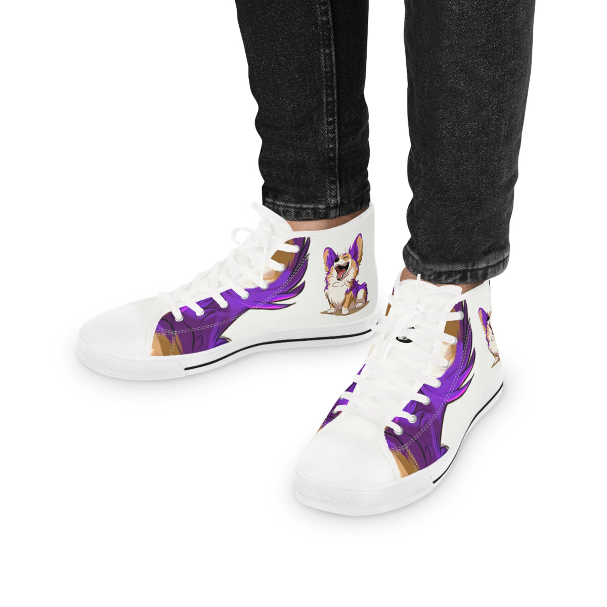 Purple Patch Men's High-Top Sneakers - Carefree Corgi on Marzipan White Canvas with Very Violet Fur-Effect Accents