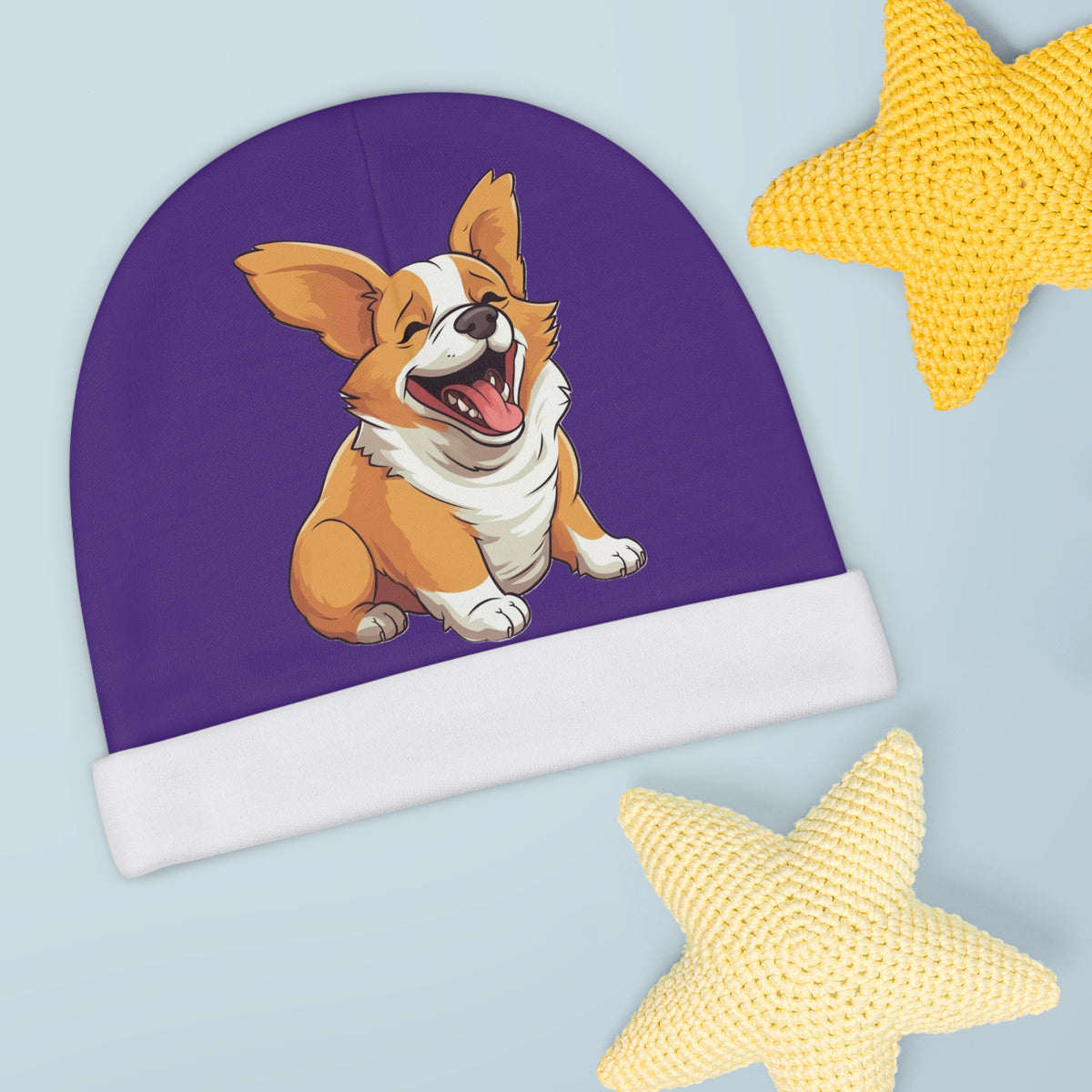 Jolly Jiggling Animated Corgi Purple Baby Beanie