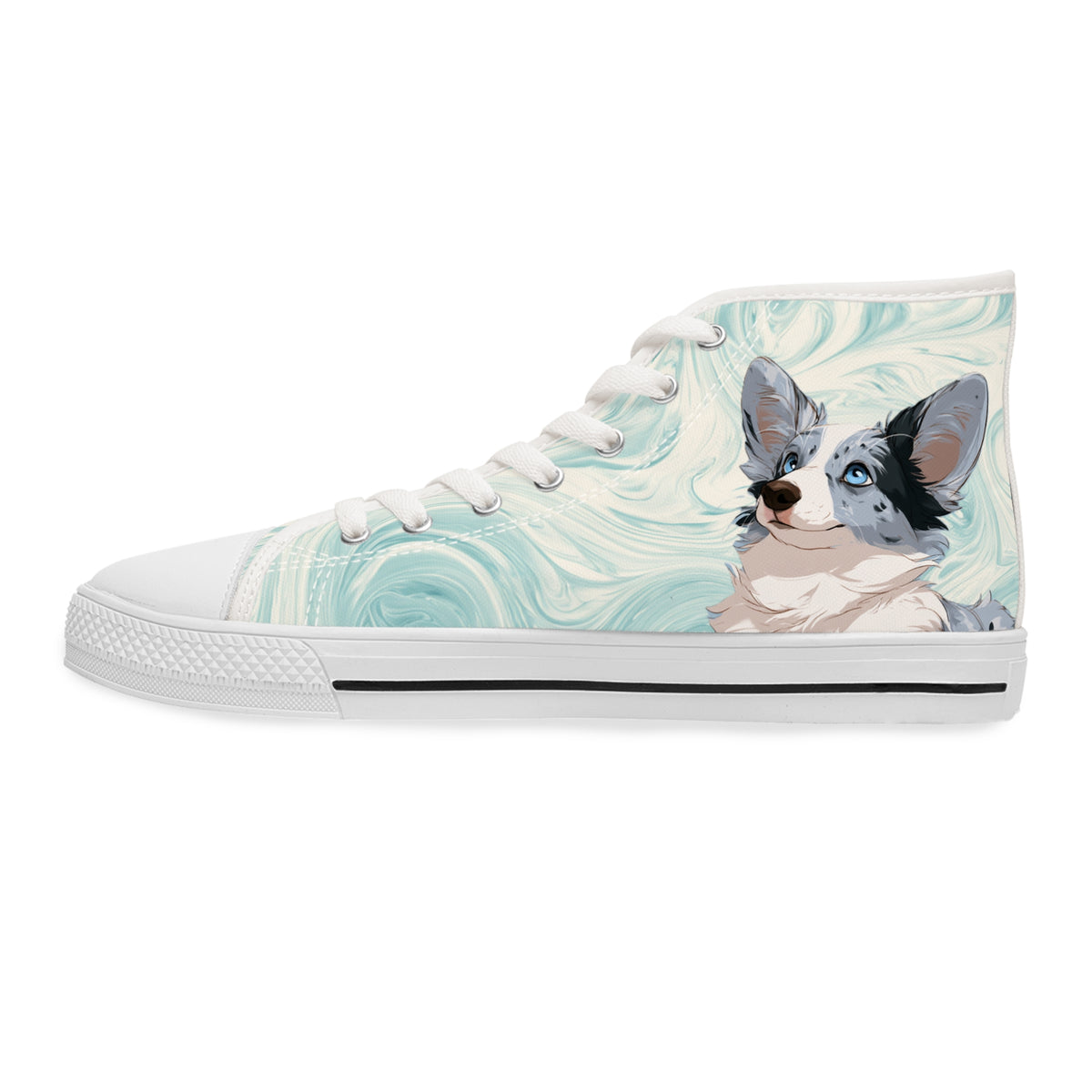 Blue Merle Majesty Women's High-Top Sneakers - Cool Blue Corgi on Swirling Aqua & Alabaster Cream Canvas