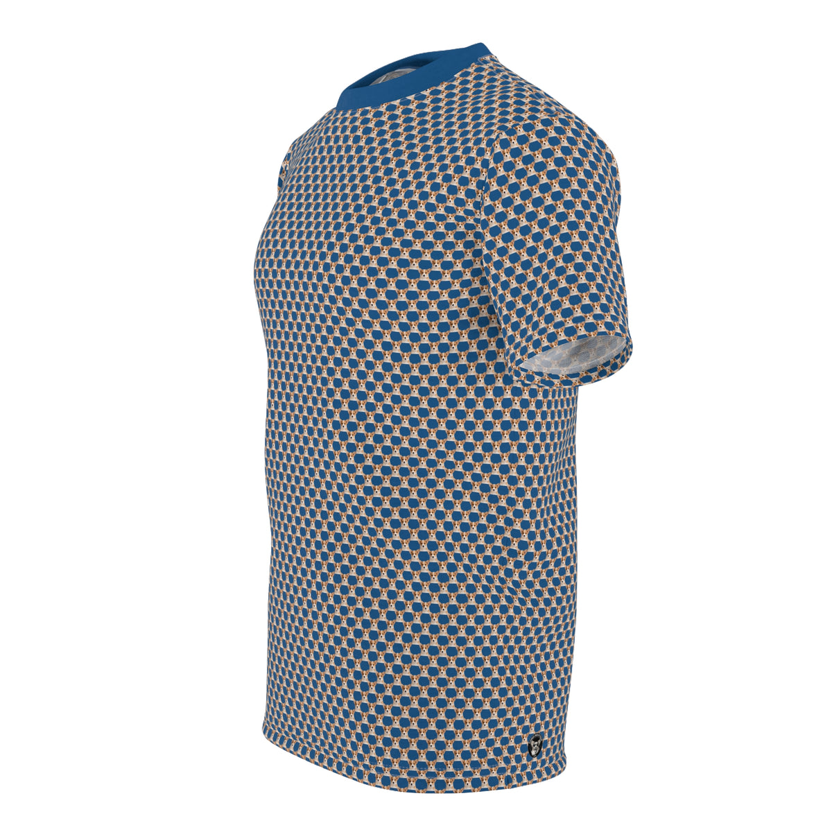 Ethereal Gaze Geometric Unisex Bold Designer Tee - Tiny Corgi Face Motif Beyond Belief on Daytona Dusk