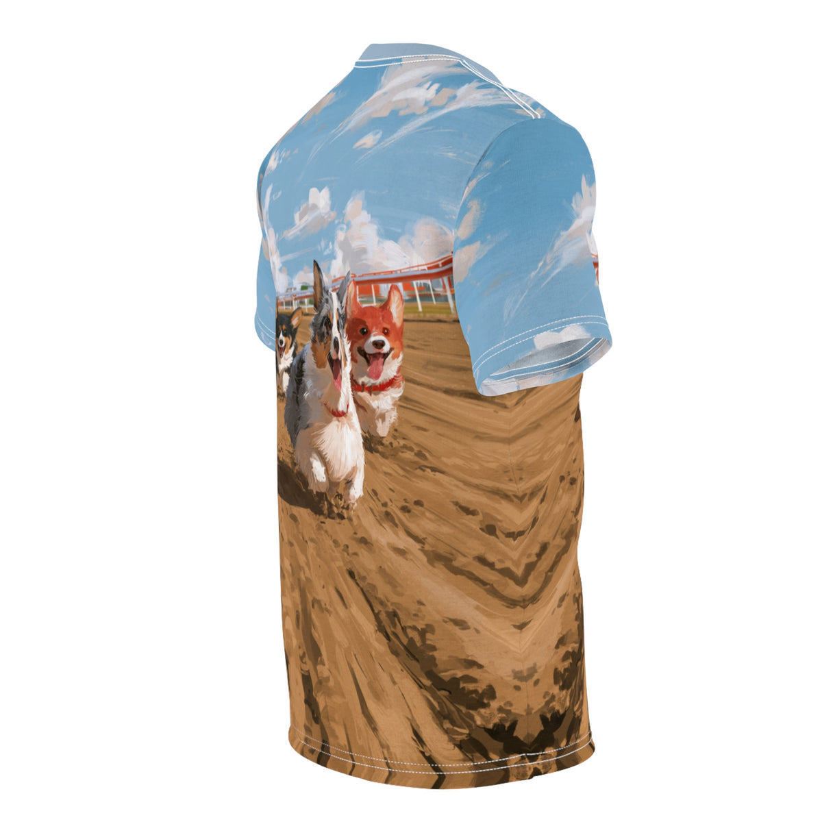 Off to the Races Unisex Bold Designer Tee - Corgi Racing Under Breezy Blue Skies