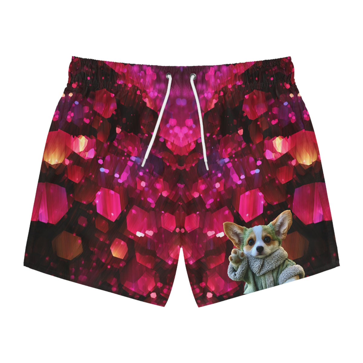 Baby Corgi Space Warrior Swim Trunks - Black Red & Purple Galaxy Glitter Swimsuit