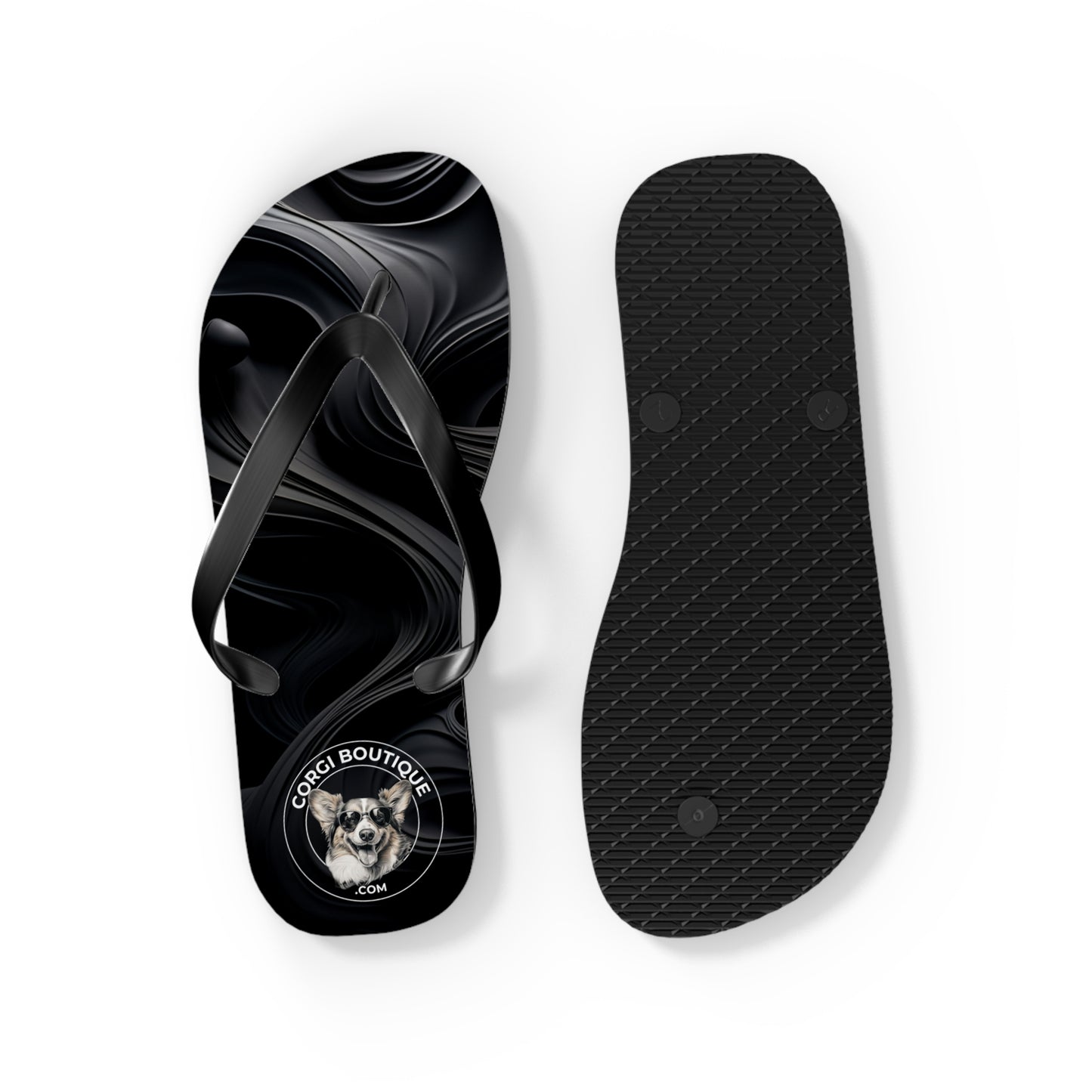 Corgi Boutique Black Swirl Flip Flops with our Custom Logo — Stylish Beach & Pool Sandals