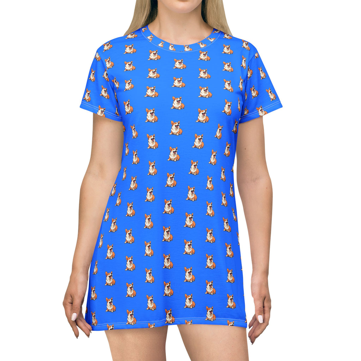 Comical Corgi All Smiles Repeater Pattern Blue T-Dress