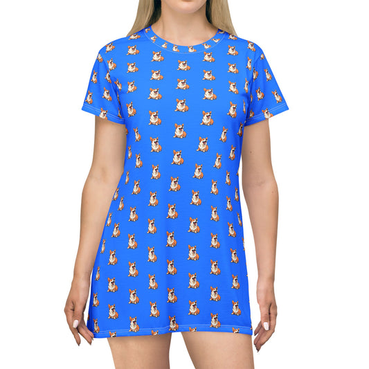 Comical Corgi All Smiles Repeater Pattern Blue T-Dress