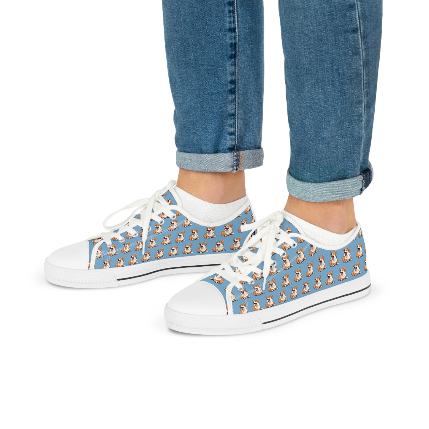 Comical Corgi Mosaic Pattern Men’s Low-Top Casual Blue Canvas Sneakers