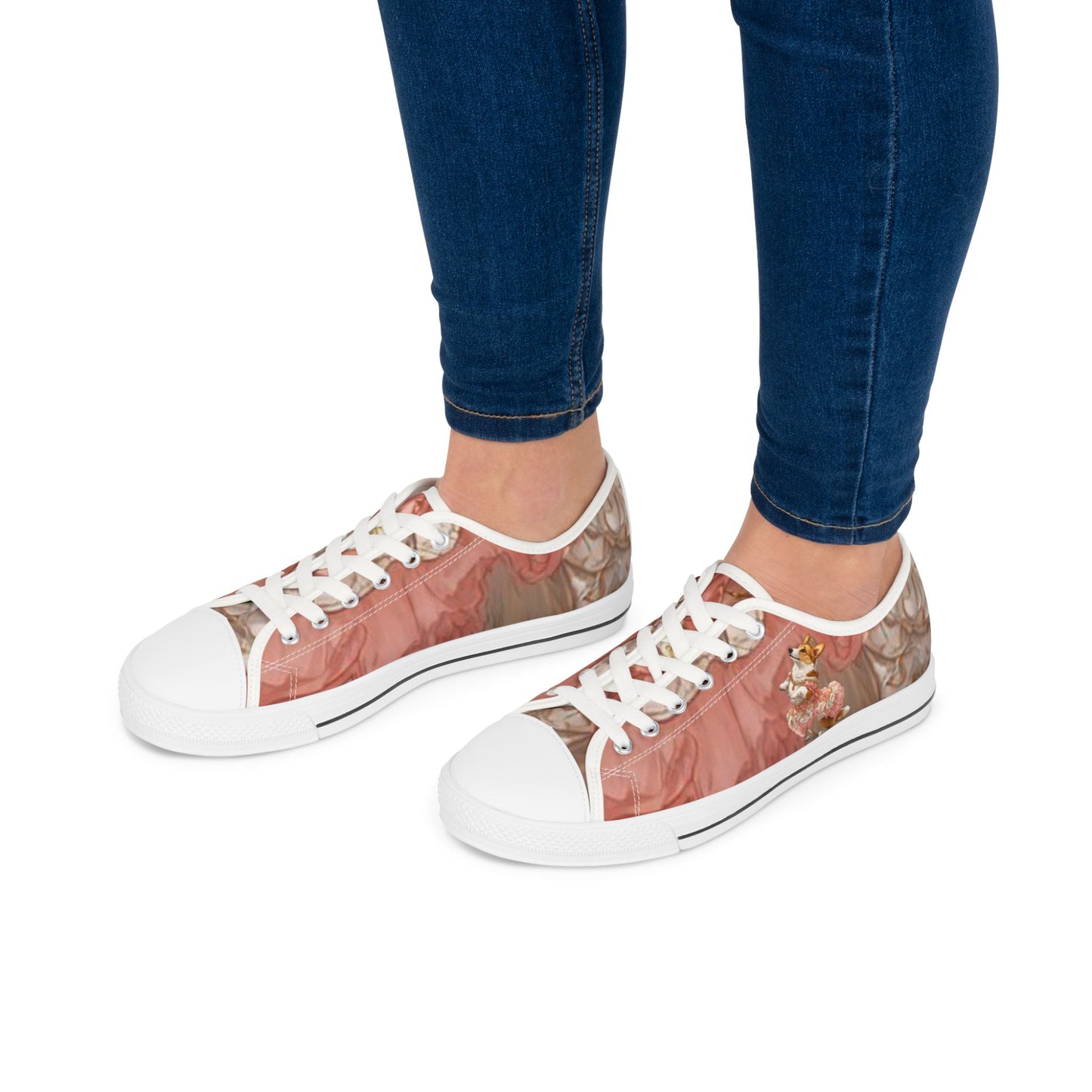 Princess Corgi Pink Rose Floral Women's Low-Top Casual Canvas Sneakers