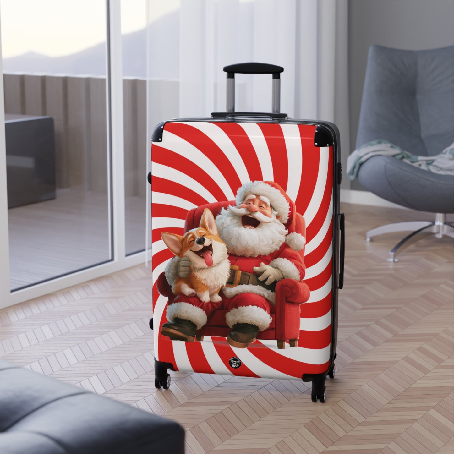 Christmas Corgi Sitting On Santa's Lap Suitcases — Holiday Luggage with Festive Candy-Cane Design