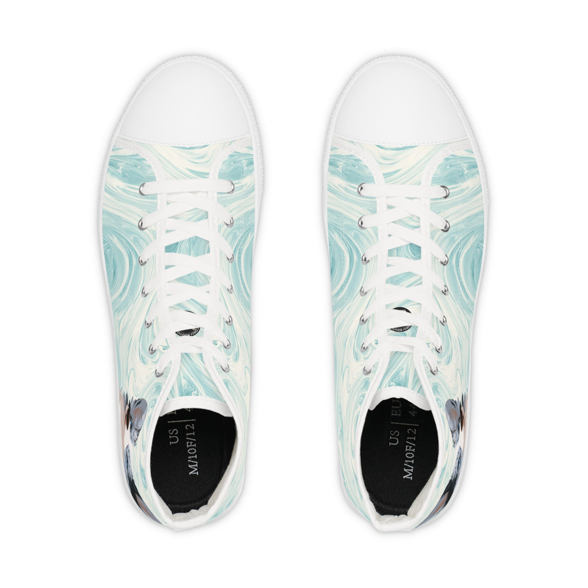 Blue Merle Majesty Men's High-Top Sneakers - Cool Blue Corgi on Swirling Aqua & Alabaster Cream Canvas