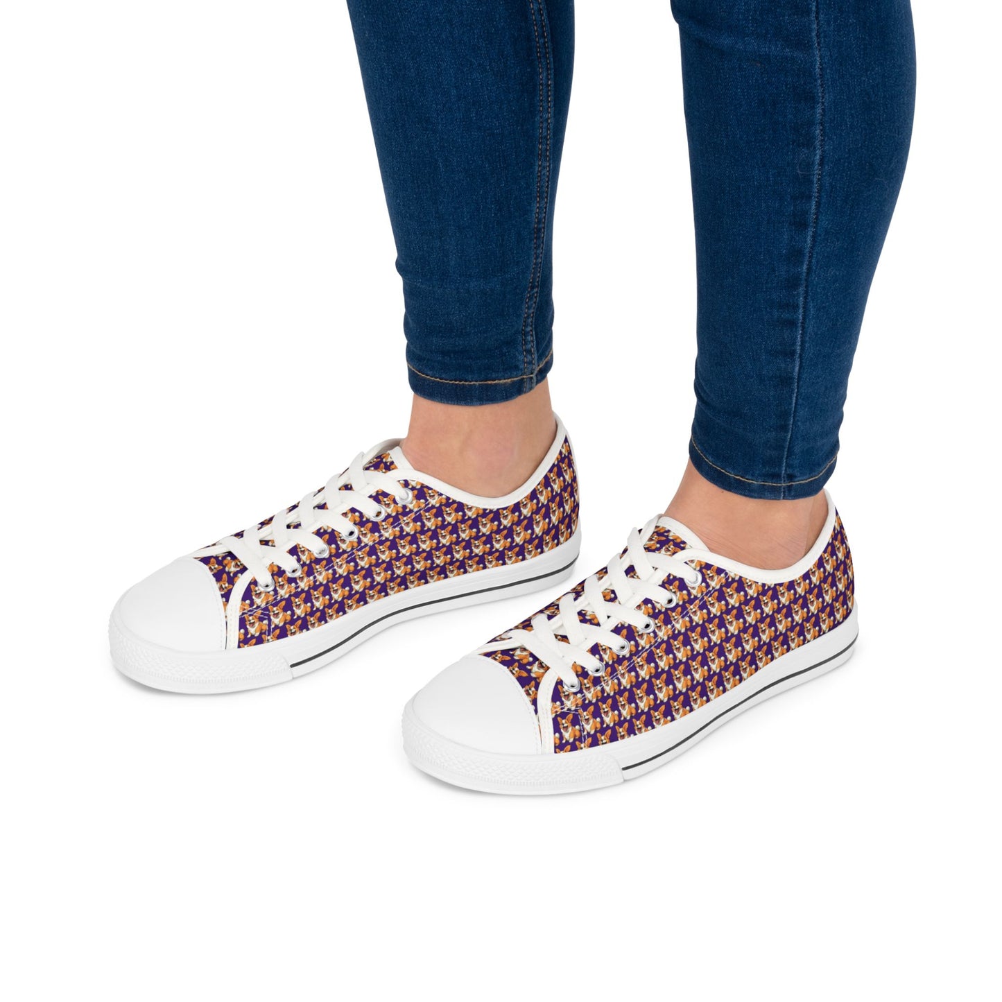 Jolly Jiggling Corgi Purple Houndstooth Pattern Style Women's Low Top Canvas Sneakers