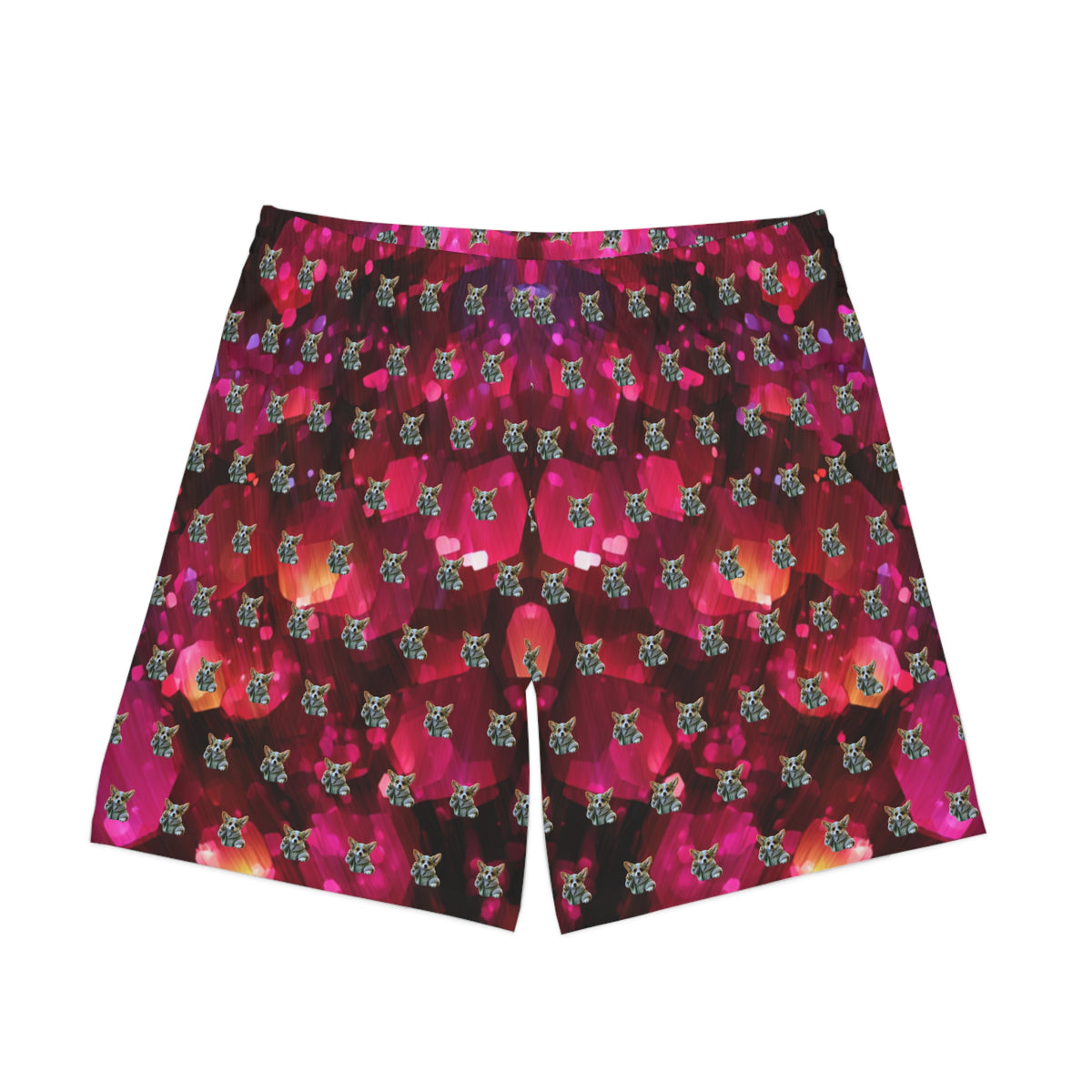 Baby Corgi Star Warrior Board Shorts - Black Red & Purple Galaxy Glitter Swimsuit