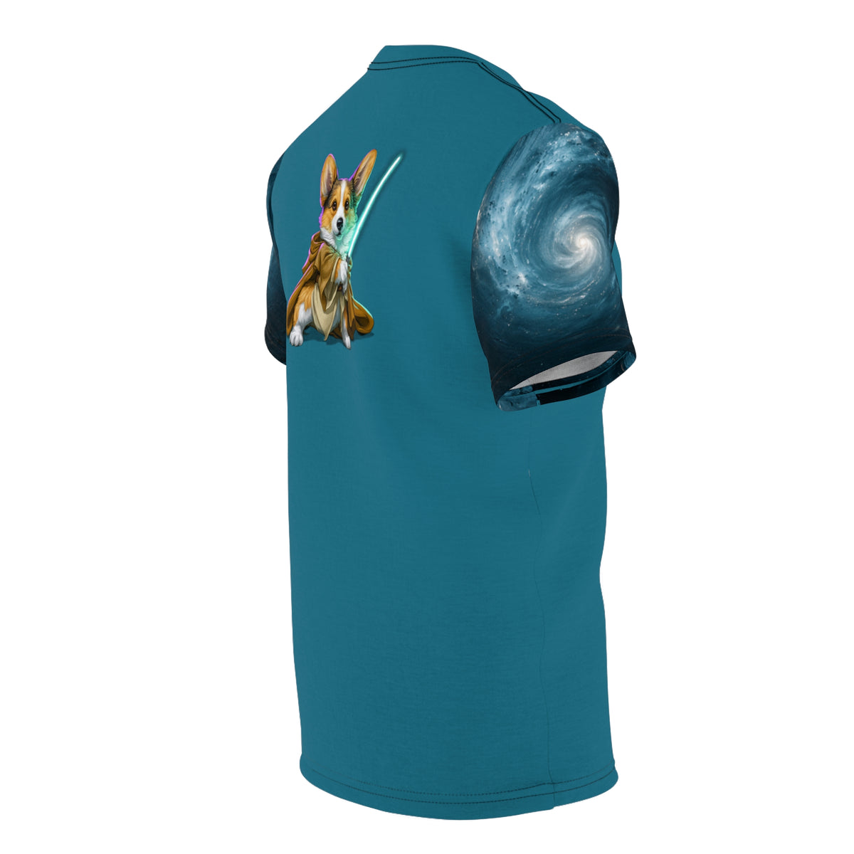 Astral Acolyte Unisex Bold Designer Tee — Corgi Neophyte on Andromeda Aqua with Galactic Swirl Sleeves (Part of the Astral Warrior Collection)