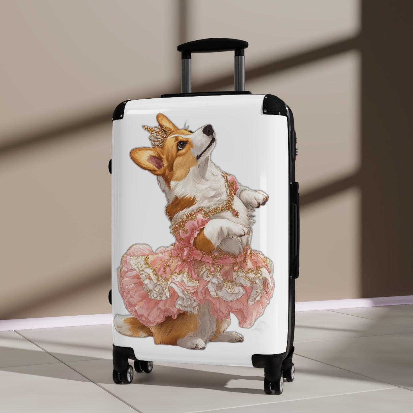 Princess Corgi In A Pink Tutu Royal Travel Suitcases - White With Pink Floral Accents Rolling Luggage