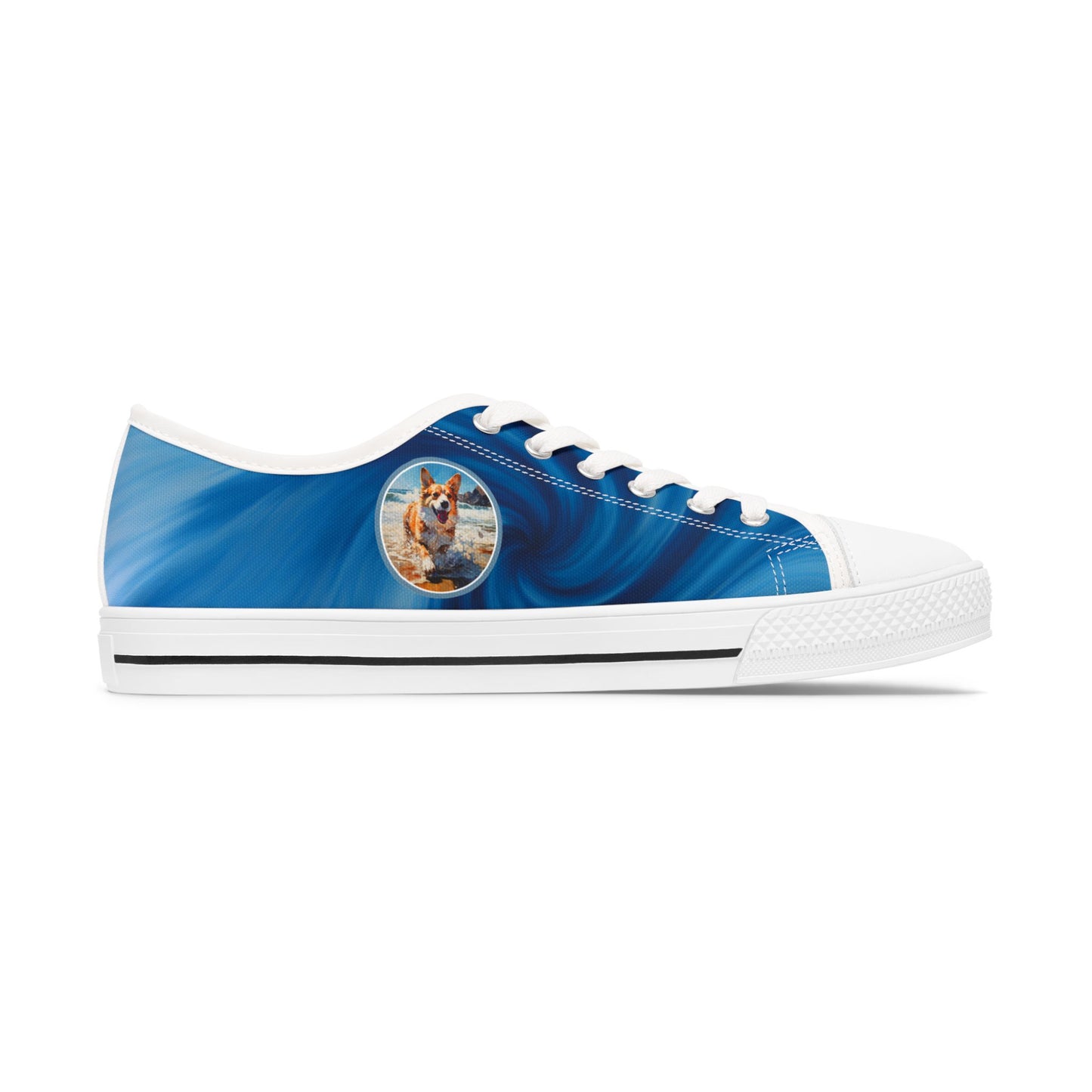 Coastal Corgi Blue Swirl Women's Low Top Casual Canvas Sneakers