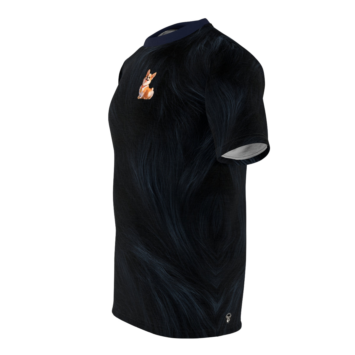 Gold Medal Momo Unisex Bold Designer Tee - Corgi Honor on Monarch Navy with Flowing Fur-Effect